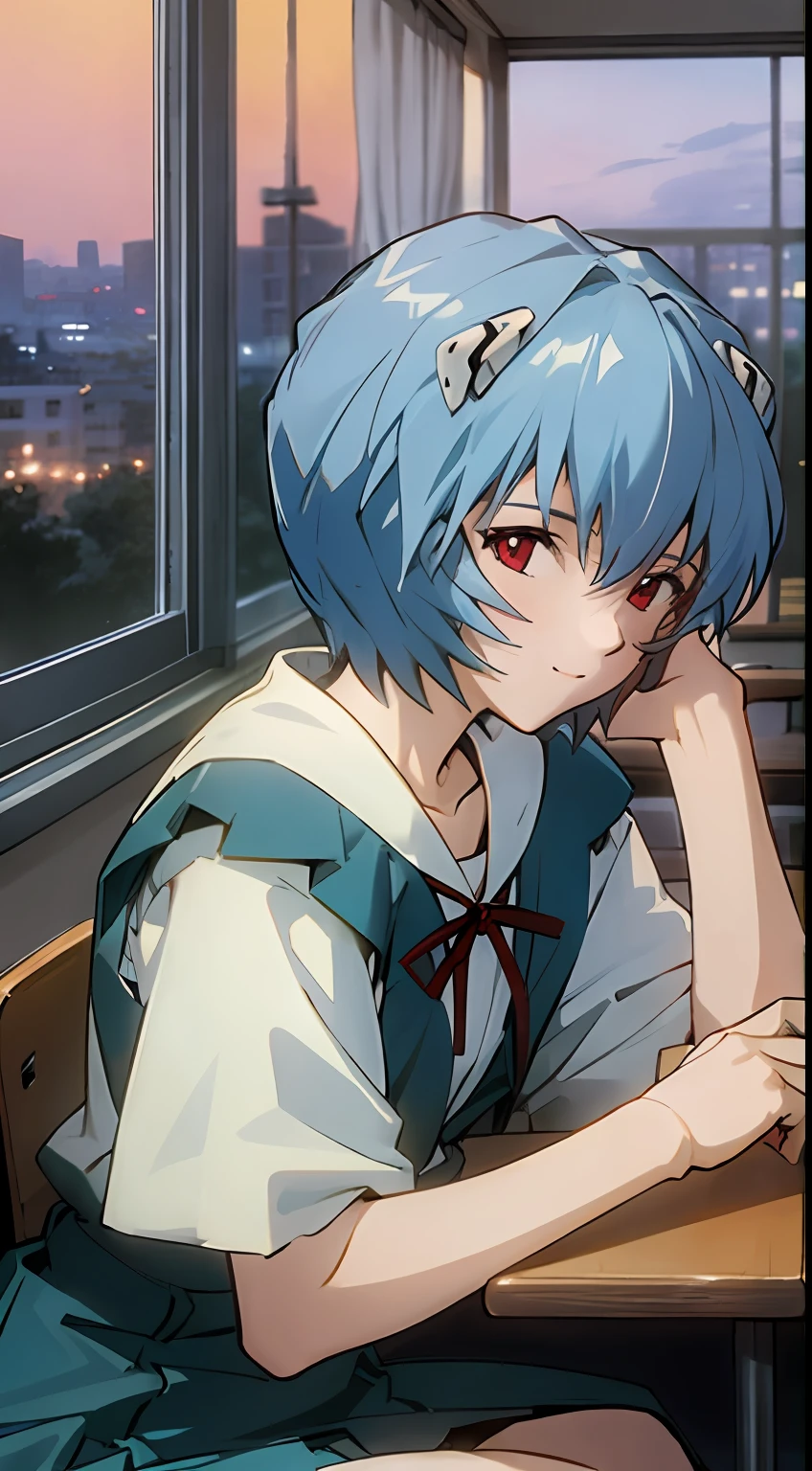 1 girl, Ayanami, Evangelion, 8K, best quality, school uniform, classroom, gentle smile, sitting in chair, looking out the window, dusk light, more details