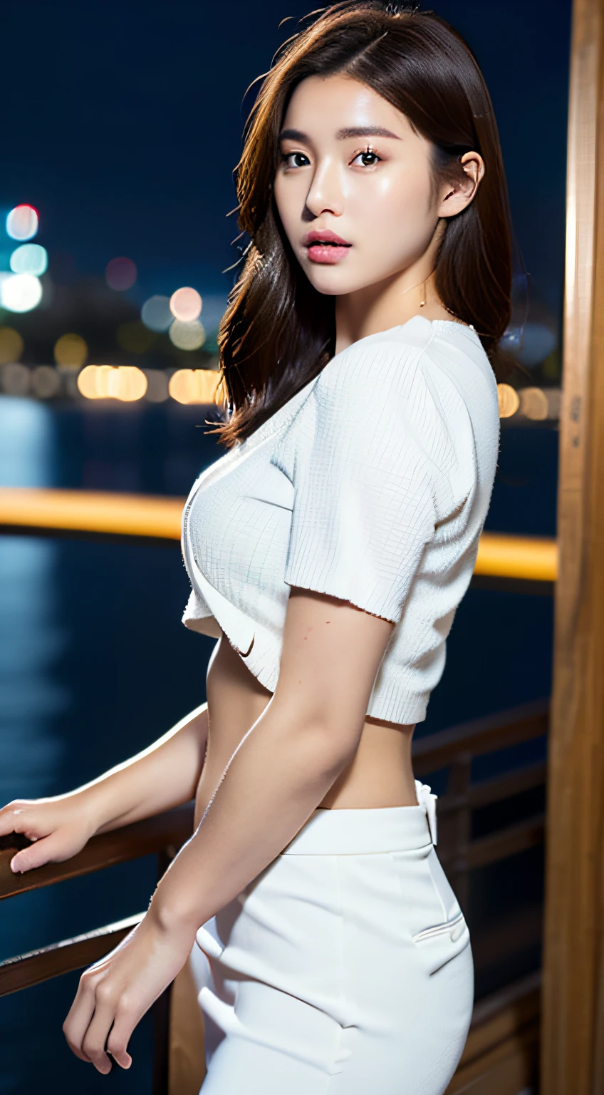 ((Realistic lighting, Best quality, 8K, Masterpiece: 1.3)), Clear focus: 1.2, 1girl, Perfect body beauty: 1.4, Slim abs: 1.1, ((dark brown hair)), (White suit: 1.4), Western skirt (outdoor 1.1), City night view, Super fine face, fine eyes, double eyelids