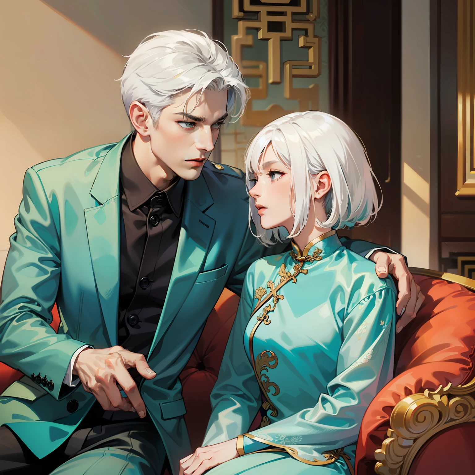 A man (middle-aged, white hair, wrinkled, dark skin, wearing a suit) and a woman (middle-aged, white hair, wrinkled, wearing a cyan cheongsam), looking at each other, sitting on sofa, living room background