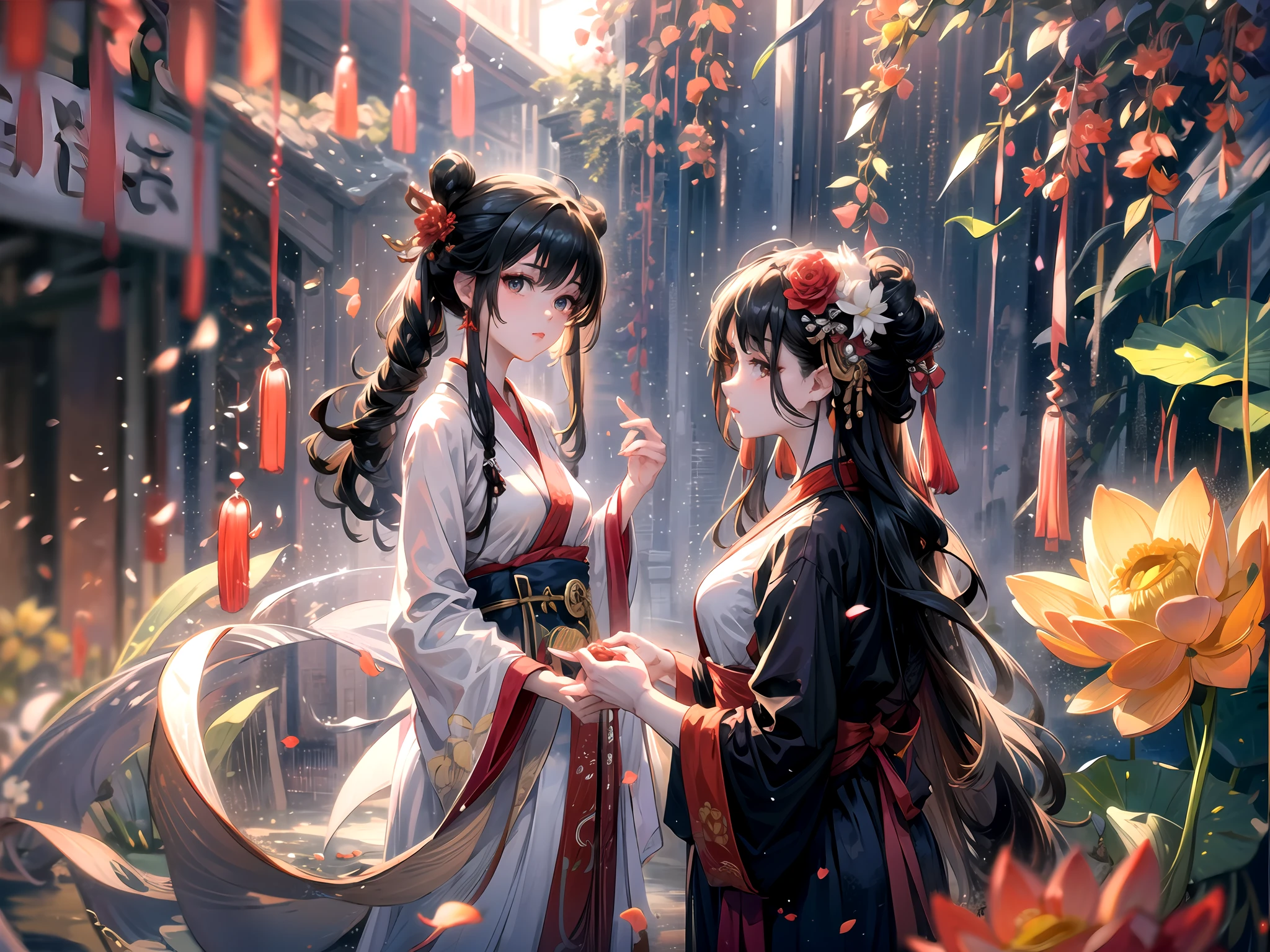 zanhua, Best quality, masterpiece, 2girls, holding flower, red flower on head, wearing hanfu, in red and white, looking at viewer, flower, black hair, ((lotus)), solo, hair ornament, water, reflection, daylight, cinematic light,