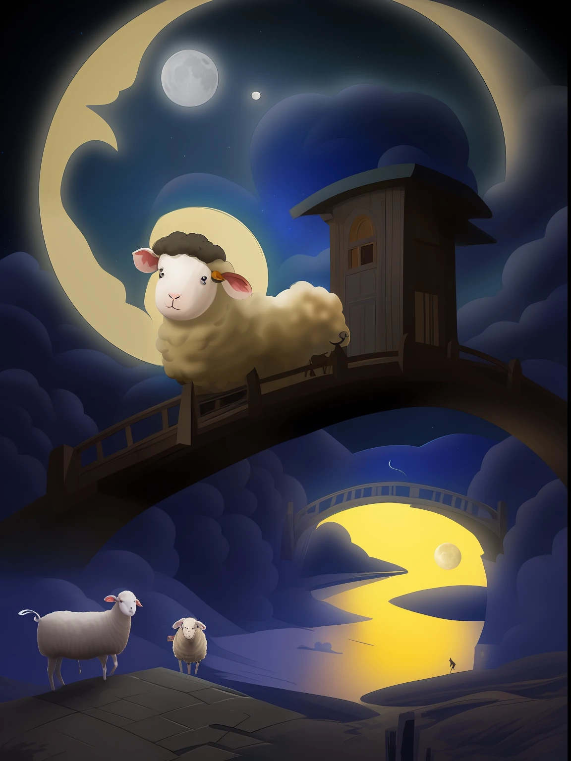((Beautiful Night Sky))),((Beautiful Moon))),Sheep, Fascinated, Moon, Waving