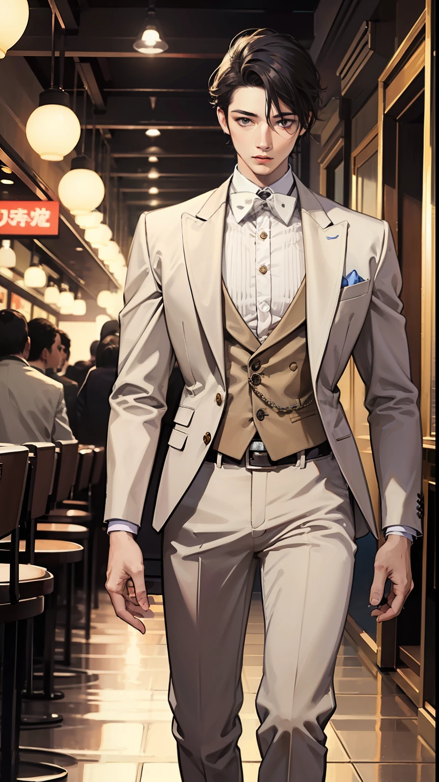 full body, chibi, A game poster with a comfortable color scheme, a boy, purple shirt, tan suit vest and suit pants, dark brown shoes