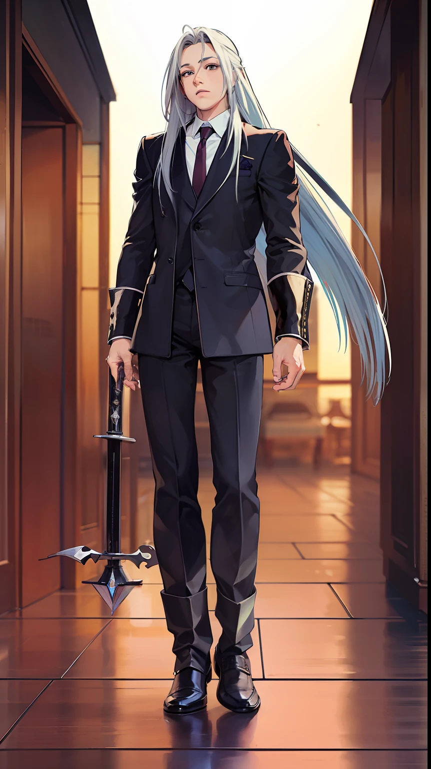 full body, chibi, A game poster with a comfortable color scheme, a boy, purple shirt, tan suit vest and suit pants, dark brown shoes