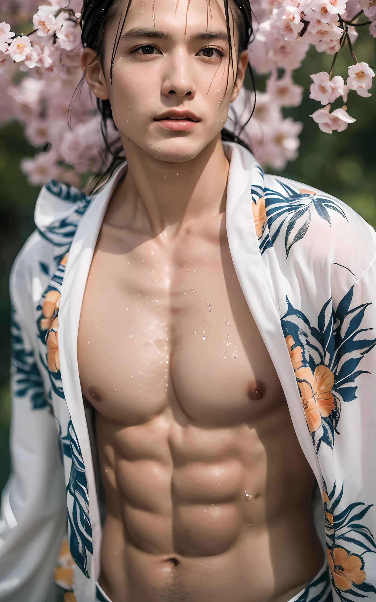 (Photottristic: 1.2, Top Quality, 8k, Sensual: 1.3, Wet: 1.3), (Man, Solo, Hands on Chest, Dynamic Angle), 20-year-old blonde Ukrainian bodybuilder, (sweat: 1.2, wet: 1.2), fine skin, (film lighting), cherry blossom print kimono, boxer shorts, soft light,