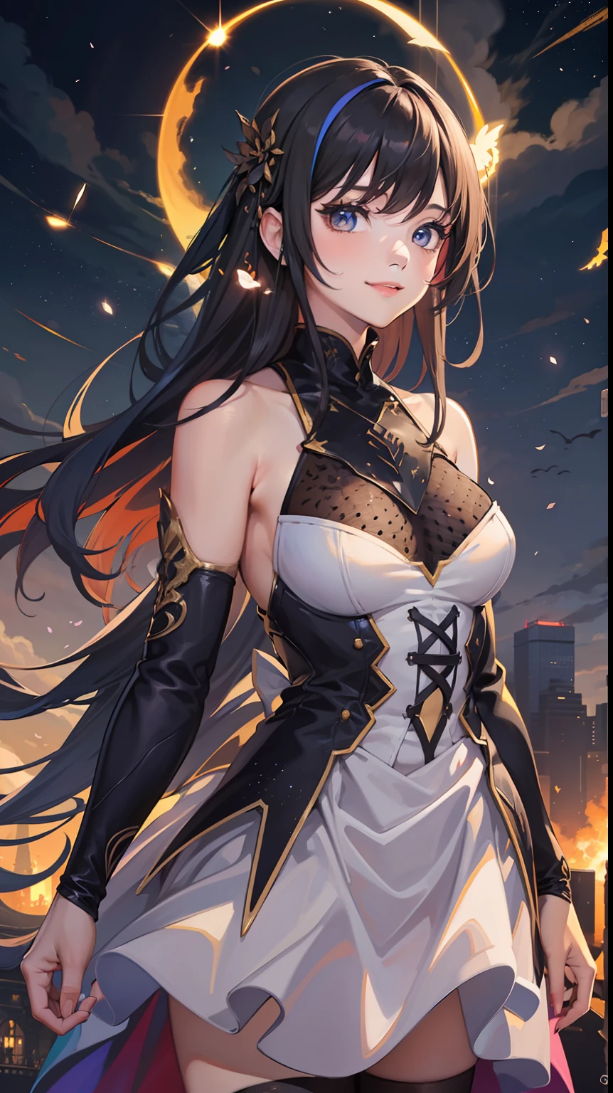 masterpiece,bestquality, 1girl,(colorful),(finelydetailedbeautifuleyesanddetailedface),cinematiclighting,bustshot,extremelydetailedCGunity8kwallpaper,whitehair,solo,smile,intricateskirt,((flyingpetal)),(Flowerymeadow) sky,cloudy_sky,building,moonlight,moon,night,(darktheme:1.3),light,fantasy,anatomically correct, HD，