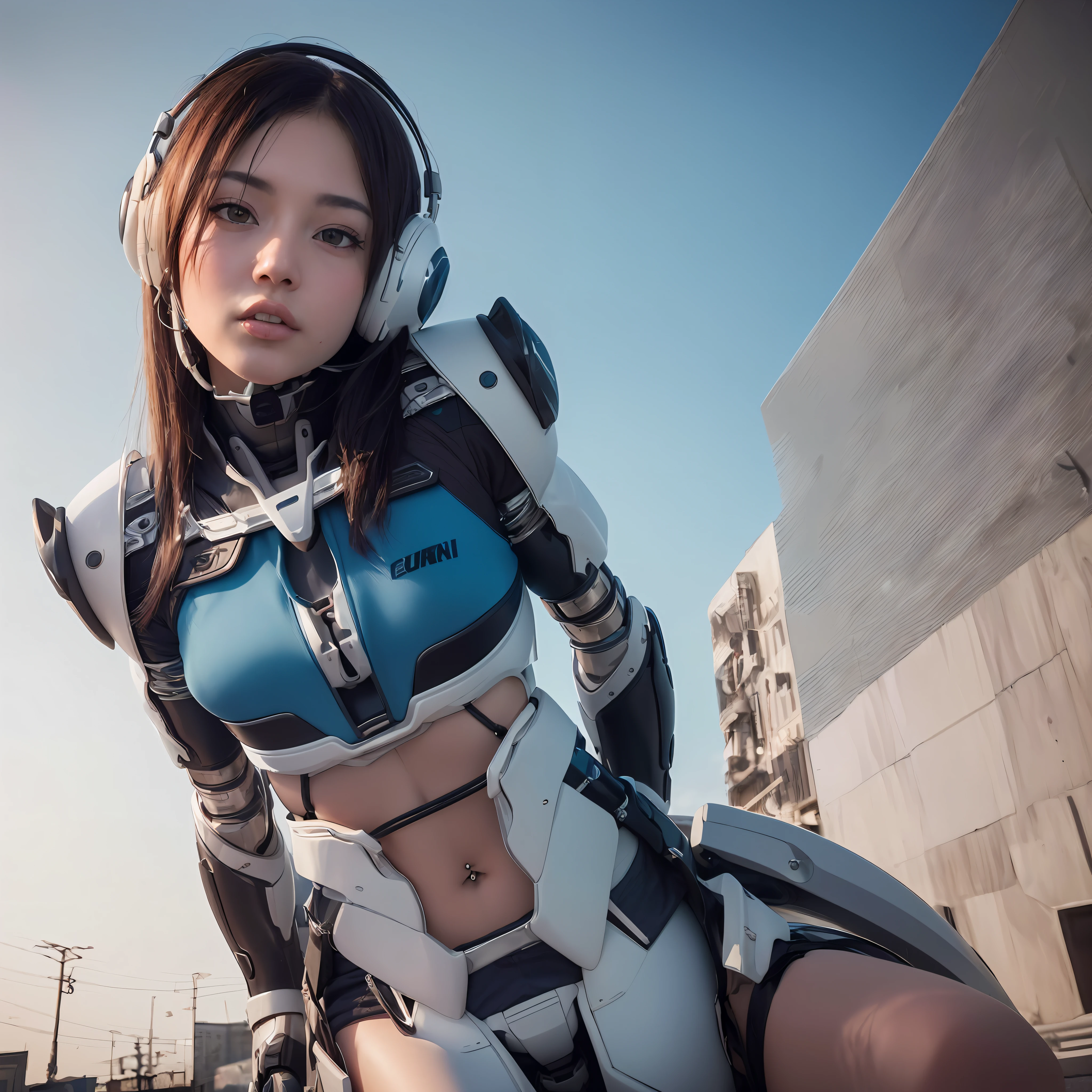 1girl, ulzzang-6500-v0.7, (raw photo: 1.2), (((photorealistic: 1.4)) top quality masterpiece, illustration, very delicate and beautiful, highly detailed CG, unity, 8k wallpaper, amazing, fine details, masterpiece, official art, highly detailed CG Unity 8k wallpaper, absurd, incredibly absurd, cute, top quality, masterpiece, Ultra high resolution, (photorealistic: 1.4), raw photo, futuristic town perspective, futuristic skyscrapers, 12 year old girl standing on a futuristic street corner, black hair, glossy skin, 1 Gundam girl, (((ultra-realistic details)), sidmead-style mecha design, portrait, global illumination, shadow, octane rendering, 8K, Ultra sharp, big, cleavage exposed raw skin, metal, intricate ornament details, headset, hydraulic cylinder, very intricate details, realistic light, CGSoation trend, purple eyes, glowing eyes, facing the camera, neon details, mechanical limbs, blood vessels connected to tubes, mechanical vertebrae attached to the back, mechanical cervical attachment to the neck, sitting, wires and cables connecting to the head, Gundam suit, cyberpunk, small LED lamps,
