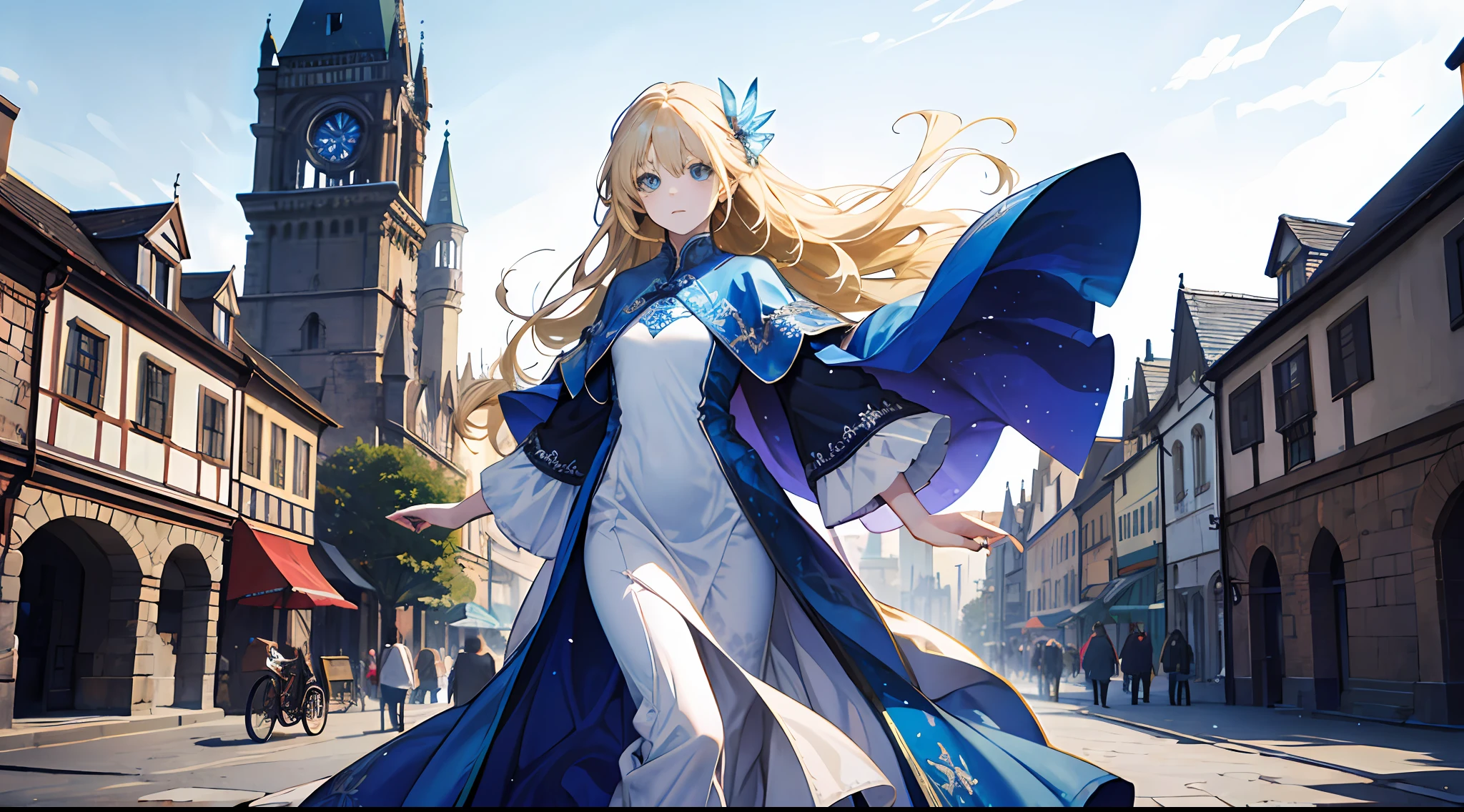 A little girl, beautiful, otherworldly, elegant, full body, long blonde hair, simple dress, white and blue long dress, castle, (Western-style medieval town), square, extreme details, crowd surrounded