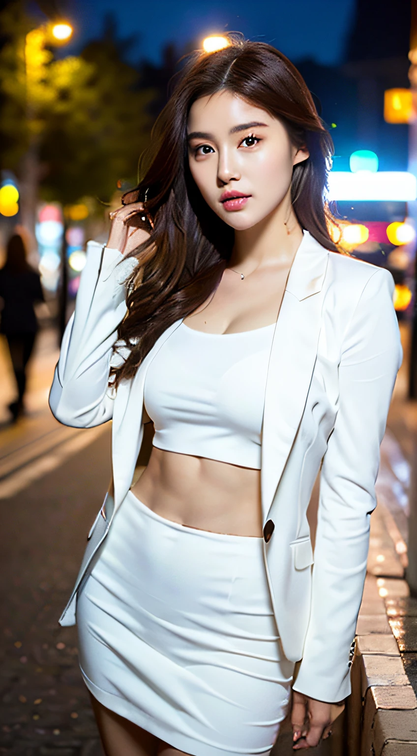((Realistic lighting, Best quality, 8K, Masterpiece: 1.3)), Clear focus: 1.2, 1girl, Perfect body beauty: 1.4, Slim abs: 1.1, ((dark brown hair)), (White suit: 1.4), Western skirt (outdoor 1.1), City night view, Super fine face, fine eyes, double eyelids