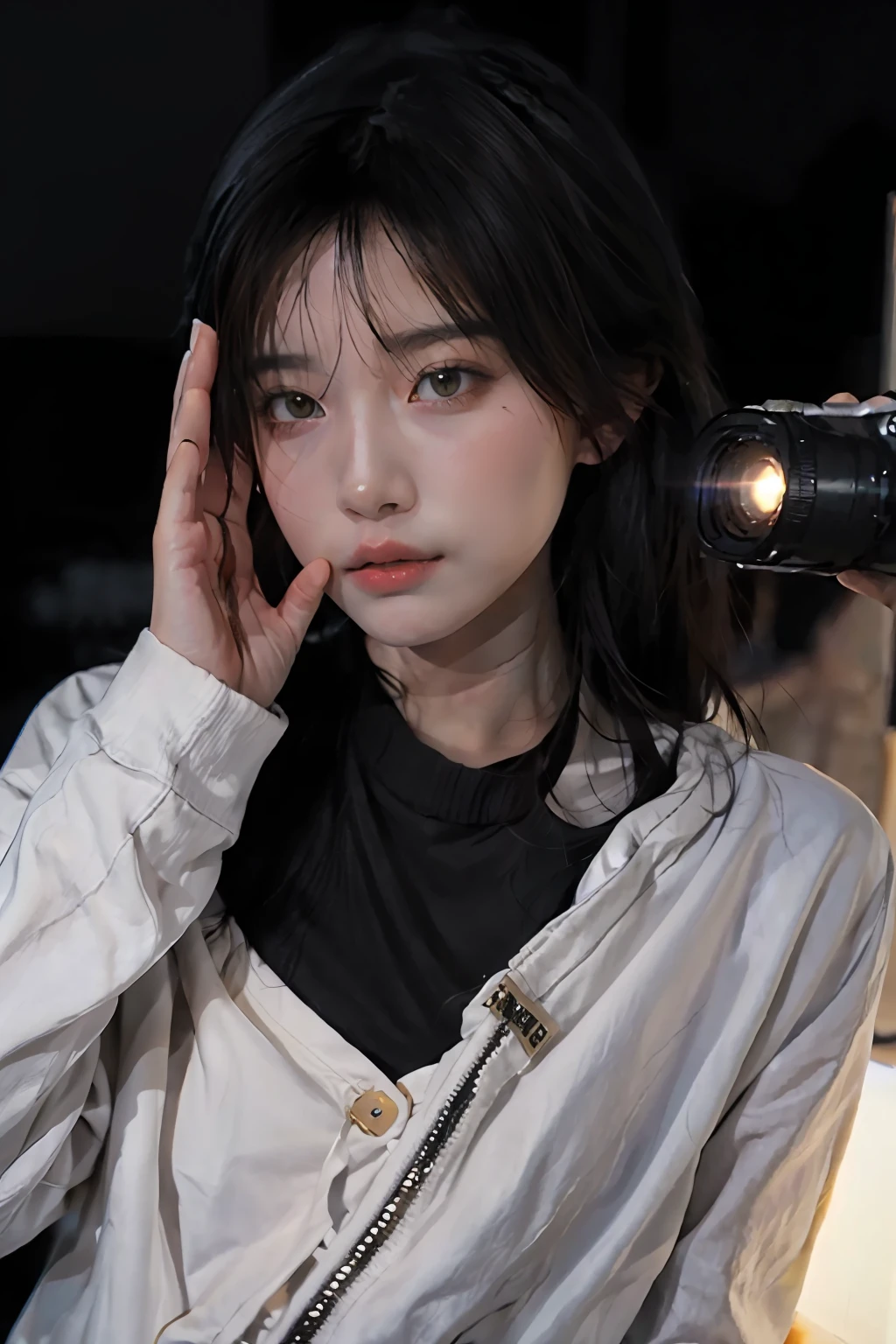 (
(8k:1.27), best quality, masterpiece, ultra highres:1.2) Photo of Pretty Japanese woman
(beautiful:1.1) (sci-fi warrior woman:1.1) space soldier, (beanie:1.61) (leather jacket:1.21) intricate elegant, fantasy, detailed, ometric by greg rutkowski and alphonse mucha, gradient lighting