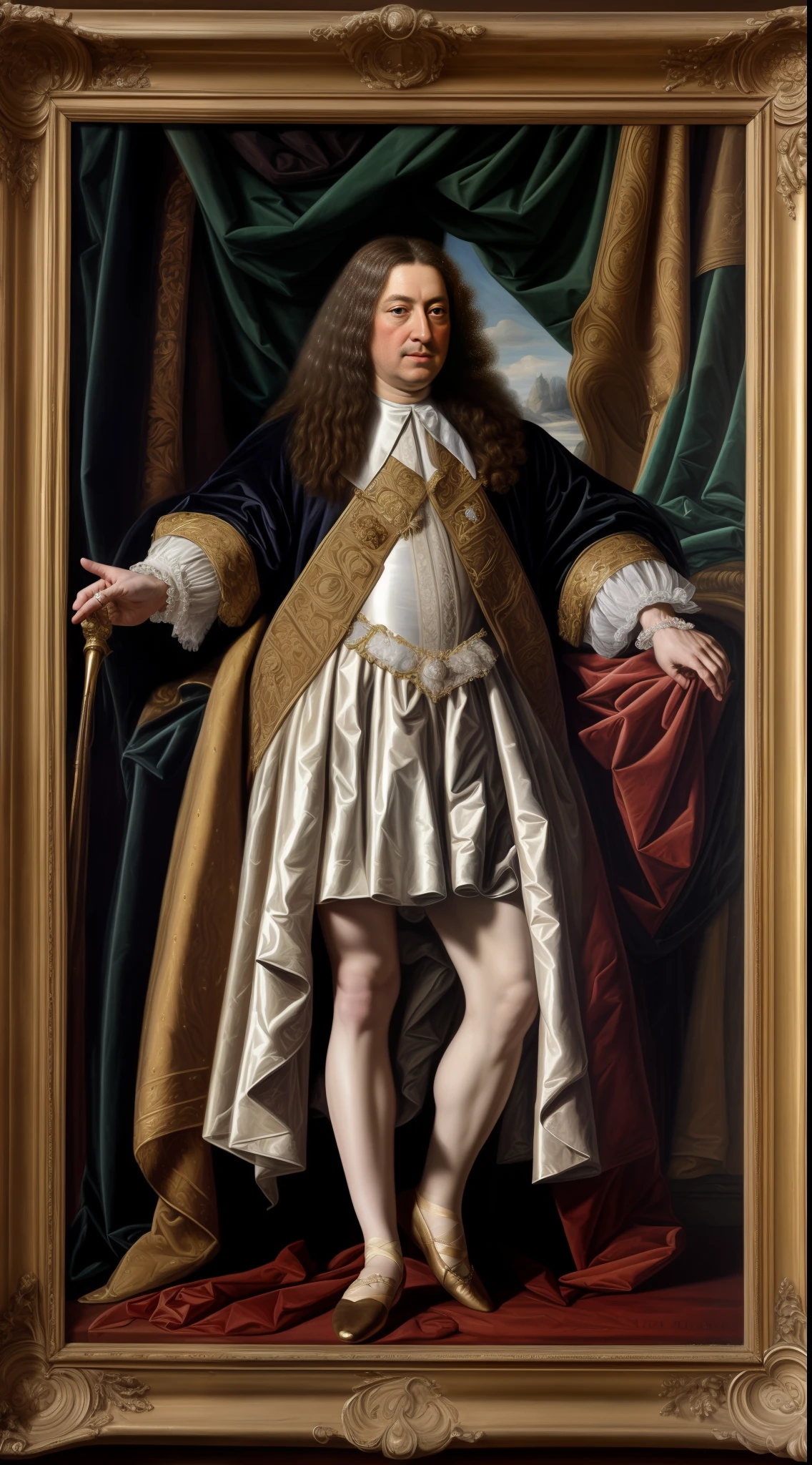 "detailed oil painting of King Louis XIV wearing a royal tutu, gracefully performing ballet moves on a 16th century stage, capturing his mastery and elegance in realistic detail."