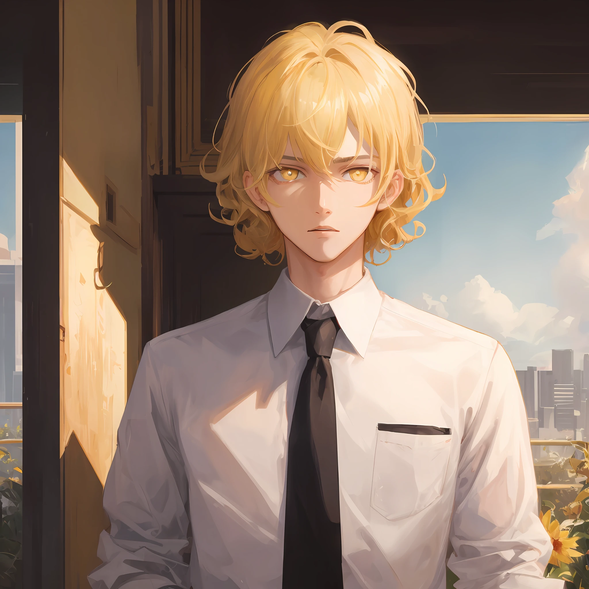 Master works, best image quality, higher quality, (high detail), super high resolution, 8k resolution, teenager, single, student, arrogant, short hair, blonde, curly hair, white shirt, yellow eyes, golden pupils, upper body, handsome, handsome, standing