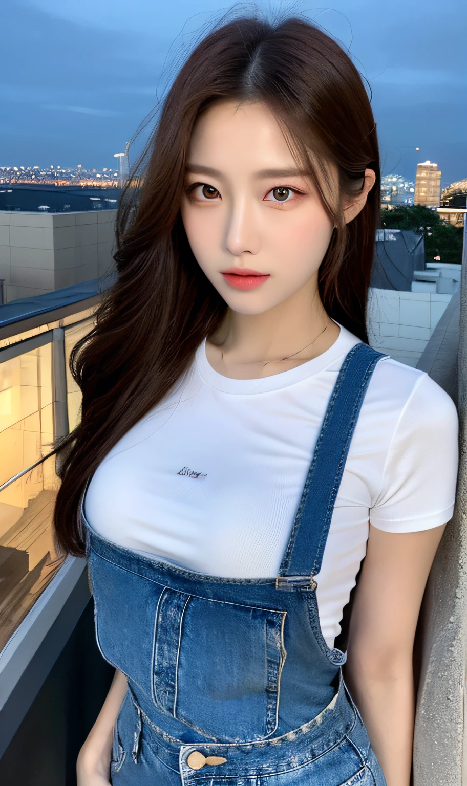 ((Midnight, Best quality, 8k, Masterpiece :1.3)), Whole body, Long legs, Sharp focus :1.2, A pretty woman with perfect figure :1.4, Slender abs :1.1, ((Dark brown hair, Big breasts :1.2)), (White tight tshirt, Jean bib, Standing:1.2), ((Night city view, Rooftop:1.3)), Highly detailed face and skin texture, Detailed eyes, Double eyelid