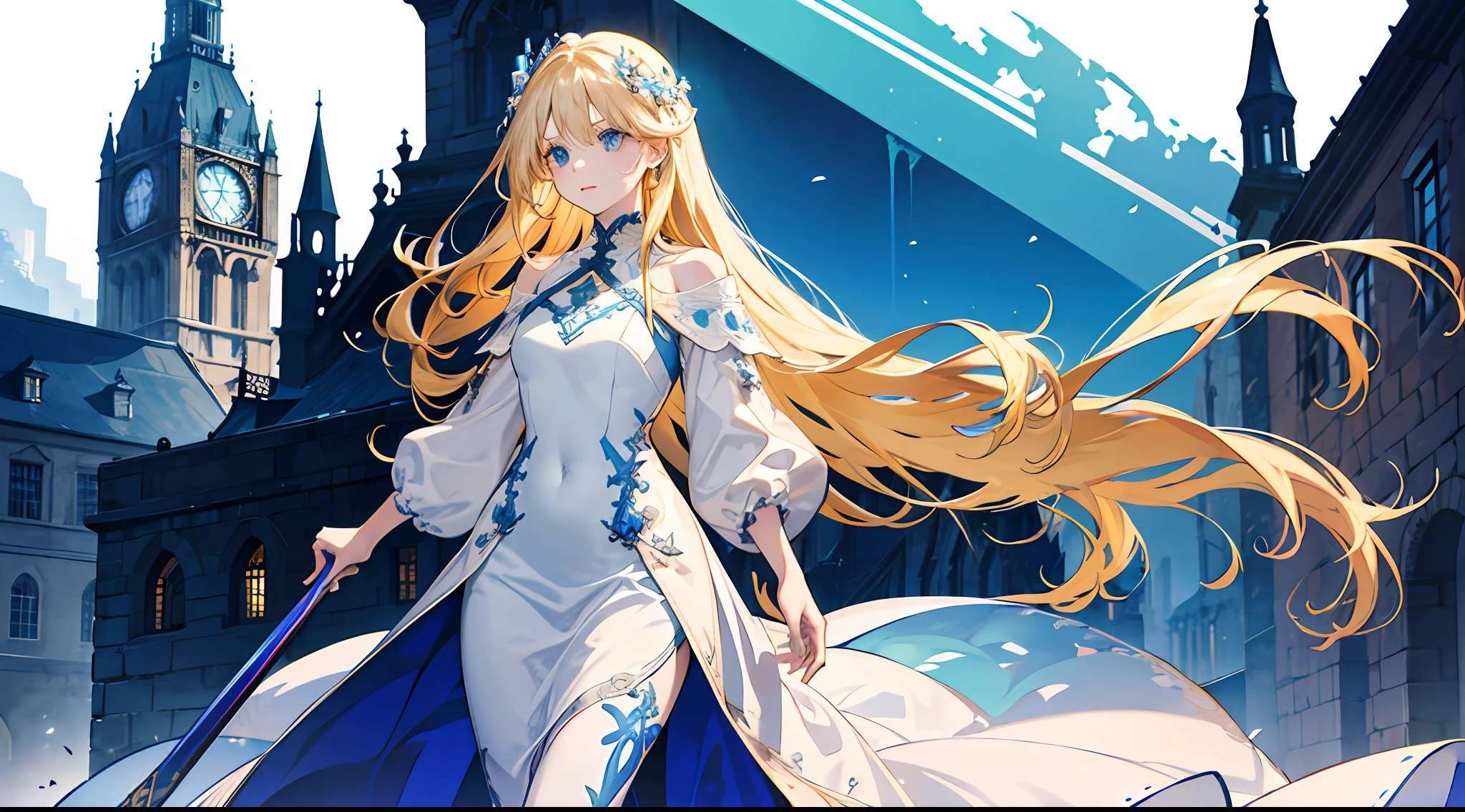 A little girl, beautiful, otherworldly, elegant, full body, long blonde hair, simple dress, white and blue long dress, castle, (Western-style medieval town), square, extreme details, crowd surrounded