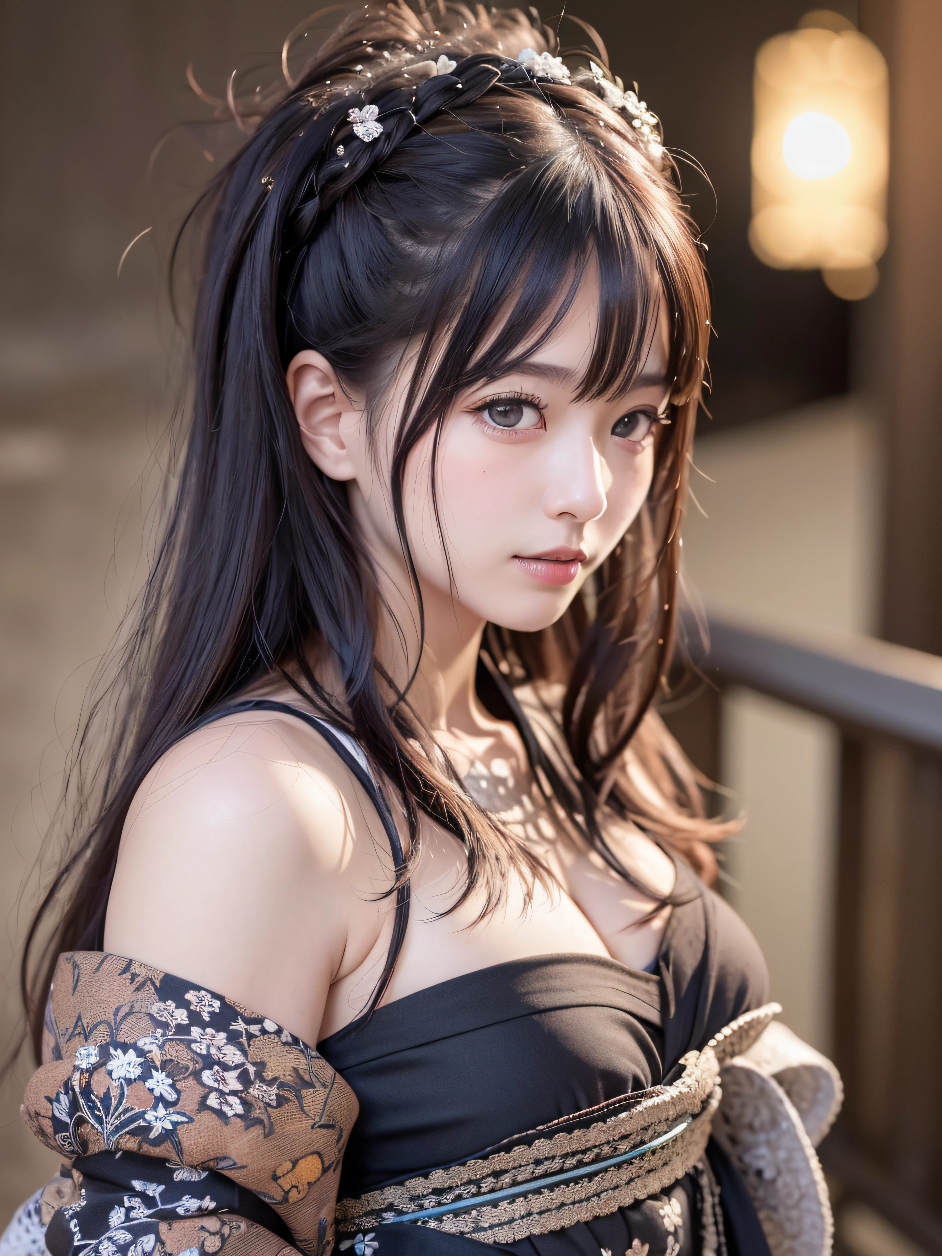 (realistic, photo-realistic:1.37), incredibly absurdres, (insanely detailed:1.3), 8k, (masterpiece), (best quality:1.4), (ultra high res:1.2), (RAW photo:1.2), ultra detailed background, (unity 8k wallpaper), 1 nogizaka girl, utterly cute, bishojo, yo, (gothic lolita fashion yukata-kimono-hakama), an exquisitely detailed and beautiful face and eyes and skin, detailed black shine hair, medium breasts, delicate lace, soft fabric, elegant frills, smile at the camera, cowboy shot, summer in kyoto at night, professional lighting