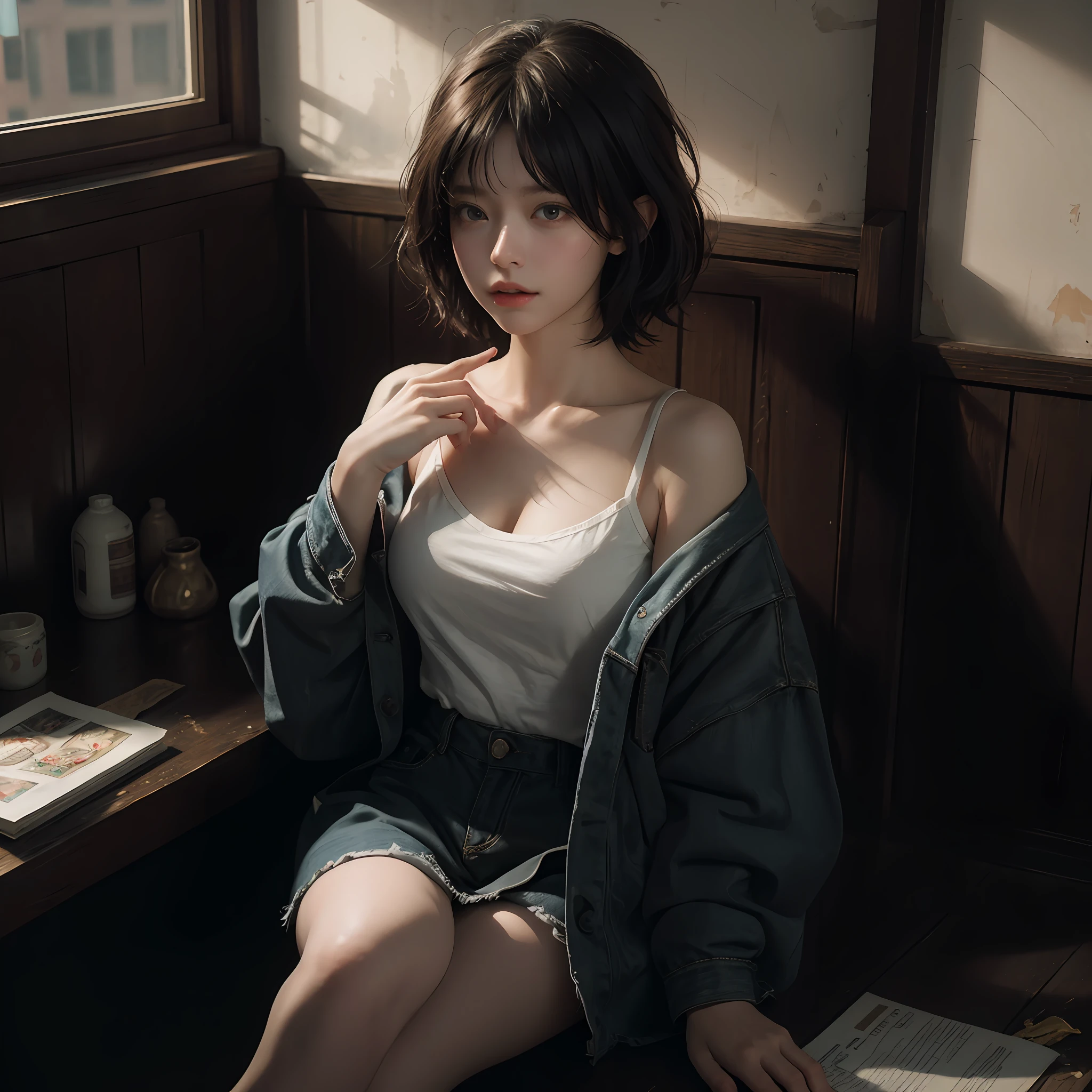 (RAW photos, highest quality), (realistic, photorealistic: 1.3), highest quality, high definition, masterpiece, super detail, illustration, 1girl, dynamic angle, world masterpiece theater, messy_short_hair, top quality, highly detailed CG Unity 8k wallpaper, ink, wonderful, cinematic lighting, lens_flare, dunhuang_style, nice chest