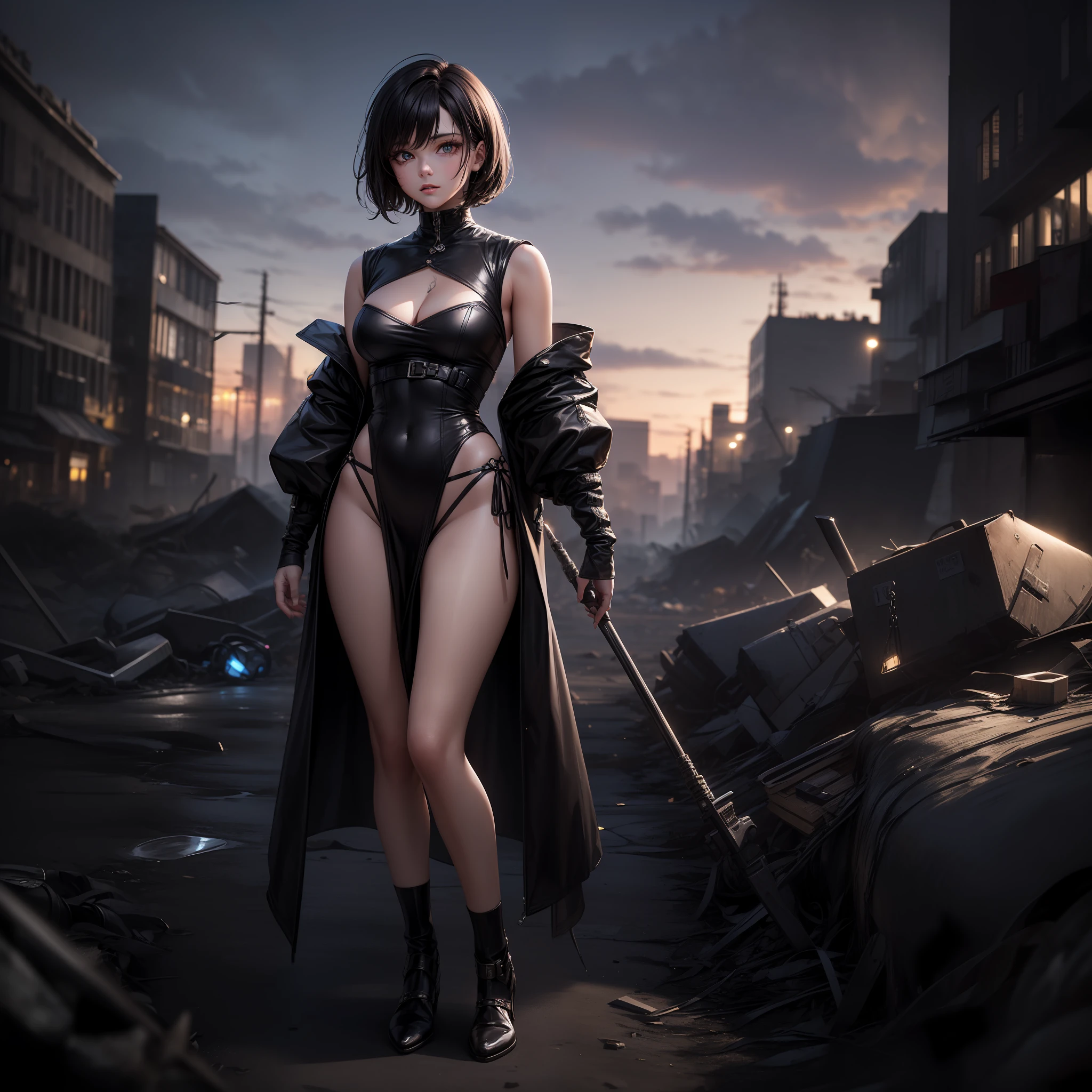 (Wasteland, Extreme Quality, 8K, Masterpiece)) ((((half))), (((a female))), long legs, focal length: 1.2, perfect body beauty: 1.4, woman in wasteland battle costume, with short black hair, black pupils, perfect face, standing in the center of the picture
