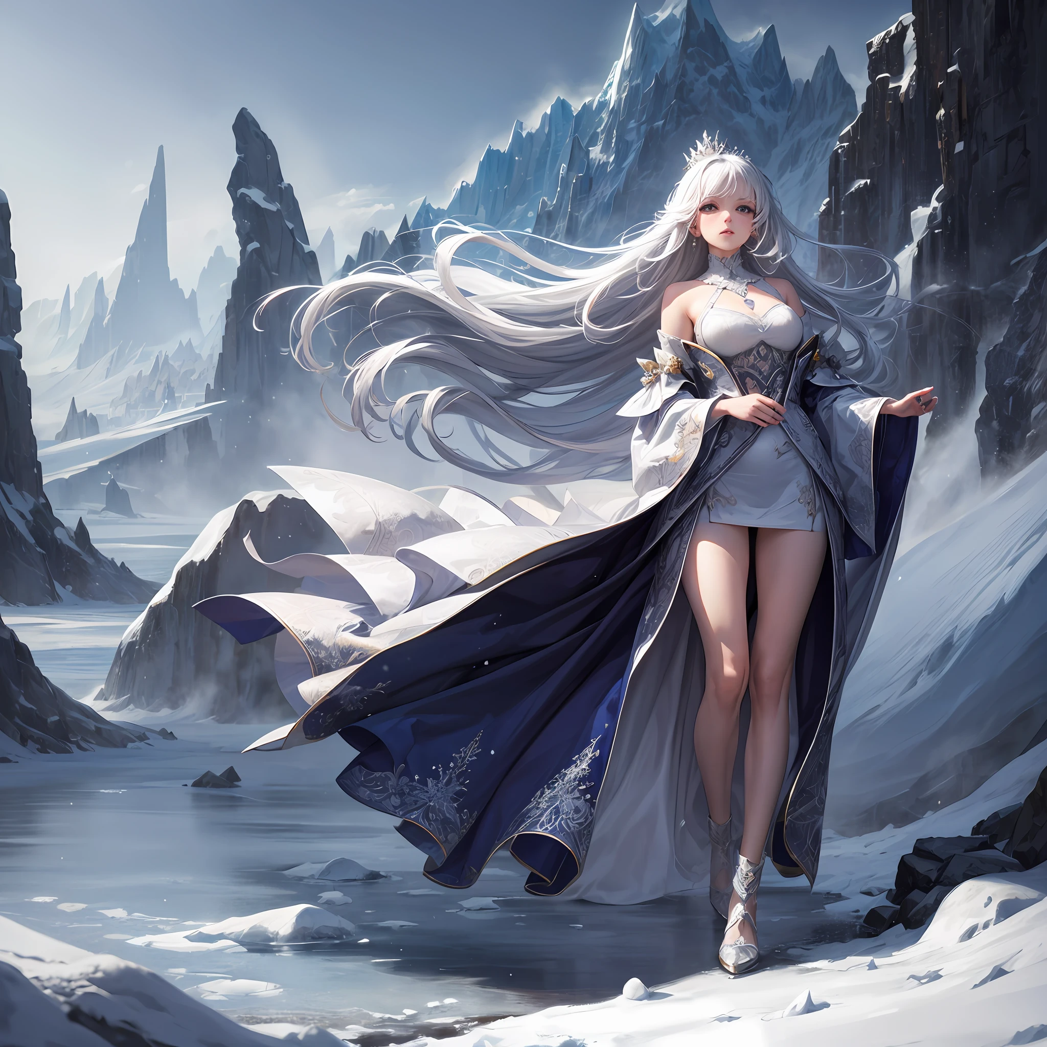 Beautiful woman standing in the ice and snow, white long hair, silver crown, silver jewelry, all clothes are white, white streamers, fine face, precise hands, behind is a huge iceberg, layers of snow mountains full of background, snow mountains surrounded by layers, white bright world, clean, super high resolution. Fantasy, fantasy world. Magic. Art super highly detailed, detailed digital painting, highly detailed, intricate poses, clear, high quality, (glacier world),
Masterpiece, best quality, best quality, amazing, beautiful detail eyes, fine details, depth of field, extremely detailed, full body, (a girl in ice and snow clothes))), ((extremely gorgeous white style)), (floating hair), (flowing snowflakes)), (flowing snow)) --auto