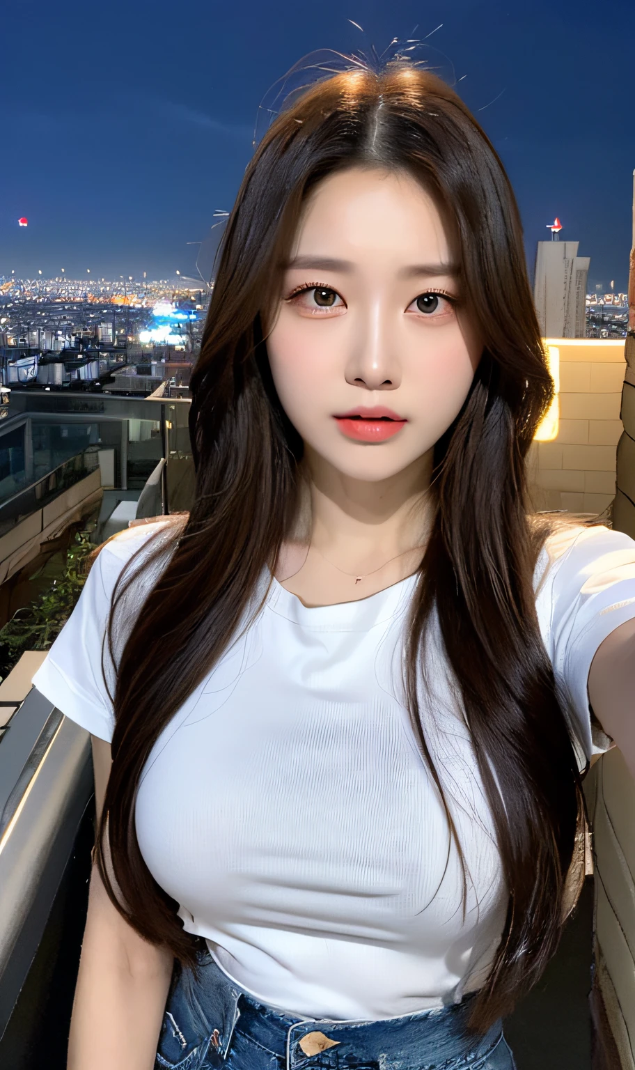 ((Midnight, Best quality, 8k, Masterpiece :1.3)), Whole body, Long legs, Sharp focus :1.2, A pretty woman with perfect figure :1.4, Slender abs :1.1, ((Dark brown hair, Big breasts :1.2)), (White tight tshirt, Jean bib, Standing:1.2), ((Night city view, Rooftop:1.3)), Highly detailed face and skin texture, Detailed eyes, Double eyelid
