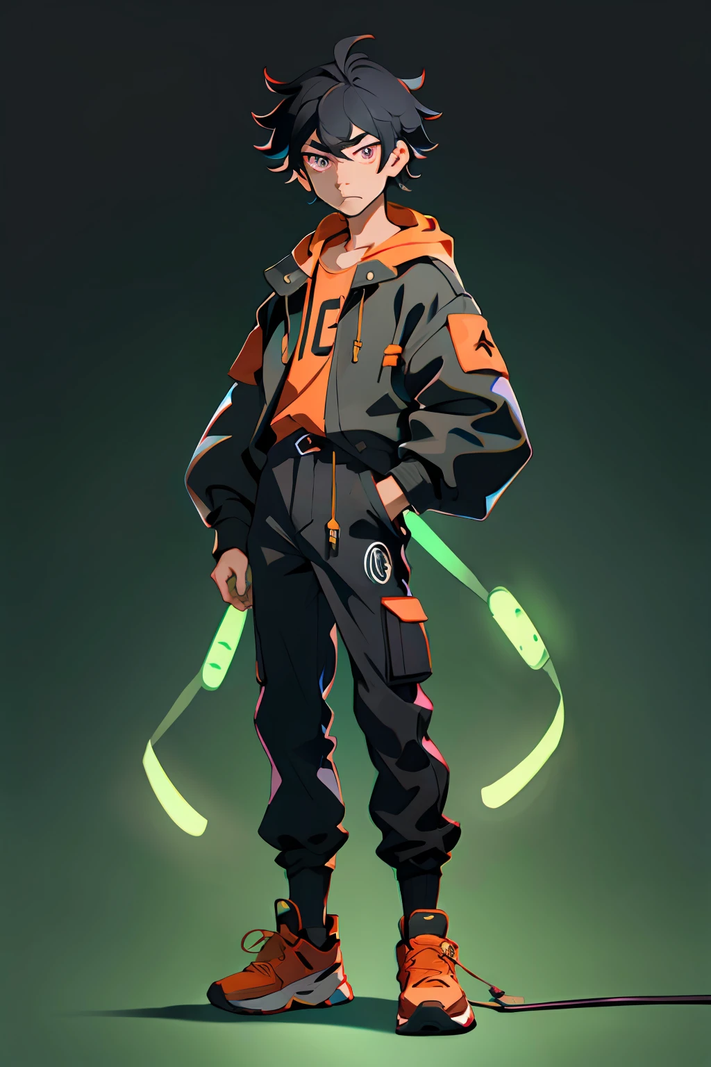 a man, (full body) red hooded shirt with neon orange details, black hair, purple eyes, black pants, (details estremos), delicate face, gloomy air, looking at the viewer