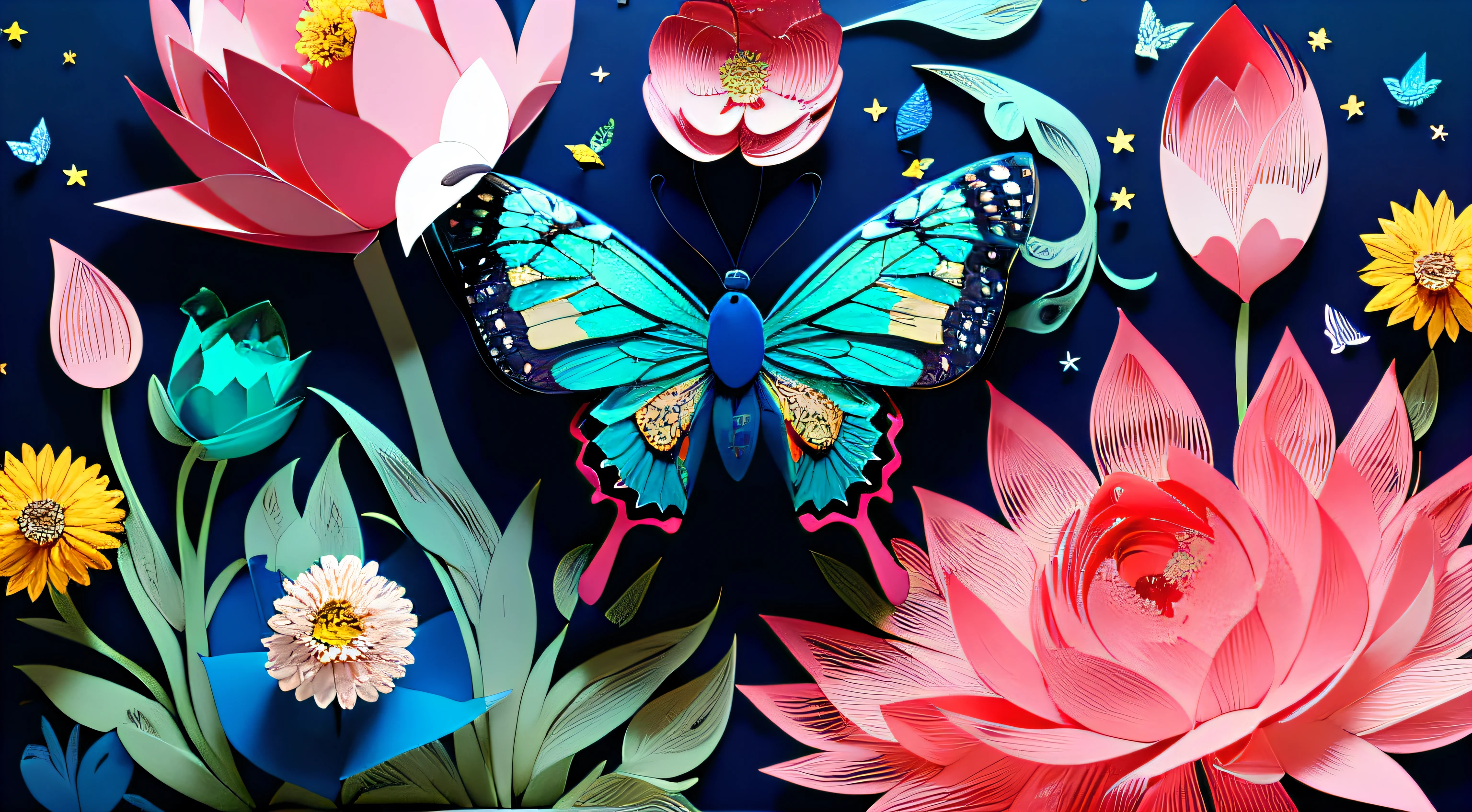 realistic, (best quality, masterpiece:1.3),illustration,big butterfly in the center , floating in dalias, cloudy sky, paper_cut, pattern, pink colors background