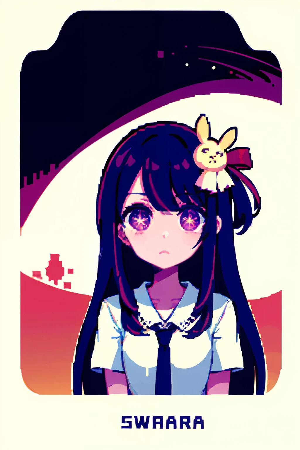 Hoshino Ai, long hair, purple hair, streaked hair ,purple eyes, star-shaped pupils, hair ornament, pixel