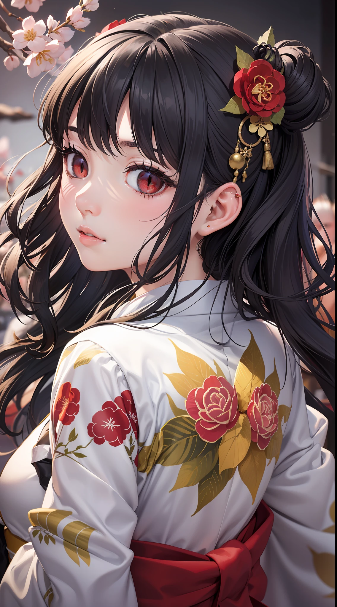 (portrait, facial focus) of (1 girl) with (red eyes) and (snake eyes), (black hair) running down her back (loose waves). She wears a striking white (kimono) and red floral motif, embodying the elegant charm of (Yamato Nanako) and the seductive beauty of tradition (Japanese beauty). Yumi with a wine bottle