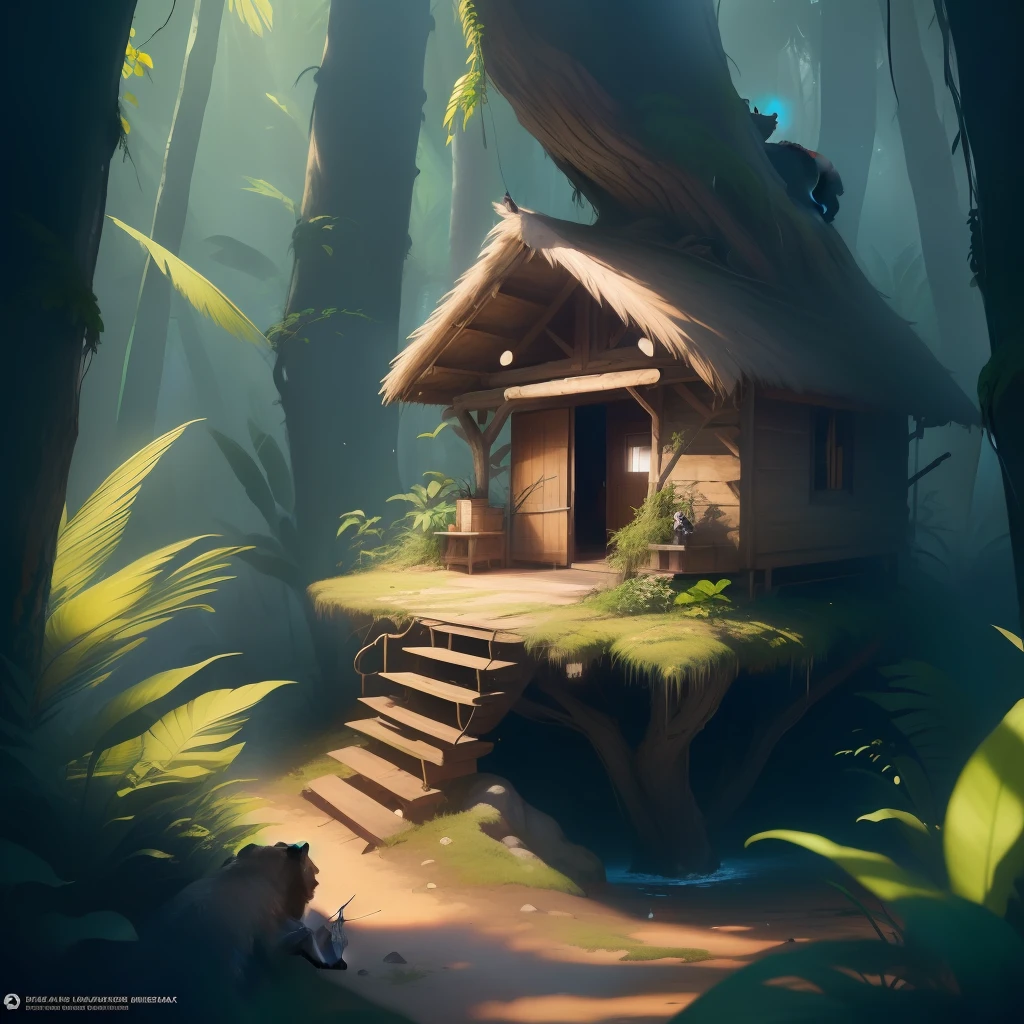 In a dense jungle, a boy shoots a black bear with a bow and arrow