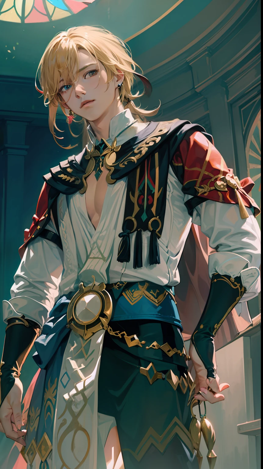 1boy,masterpiece,bestquality,1male,adult,thefool\(tarot\),bard,clown,Symbolism,Visualart,Occult,Universal,Visioncasting,Philosophical,Iconography,Numerology,Popularity,Artistic,AlfonsMucha