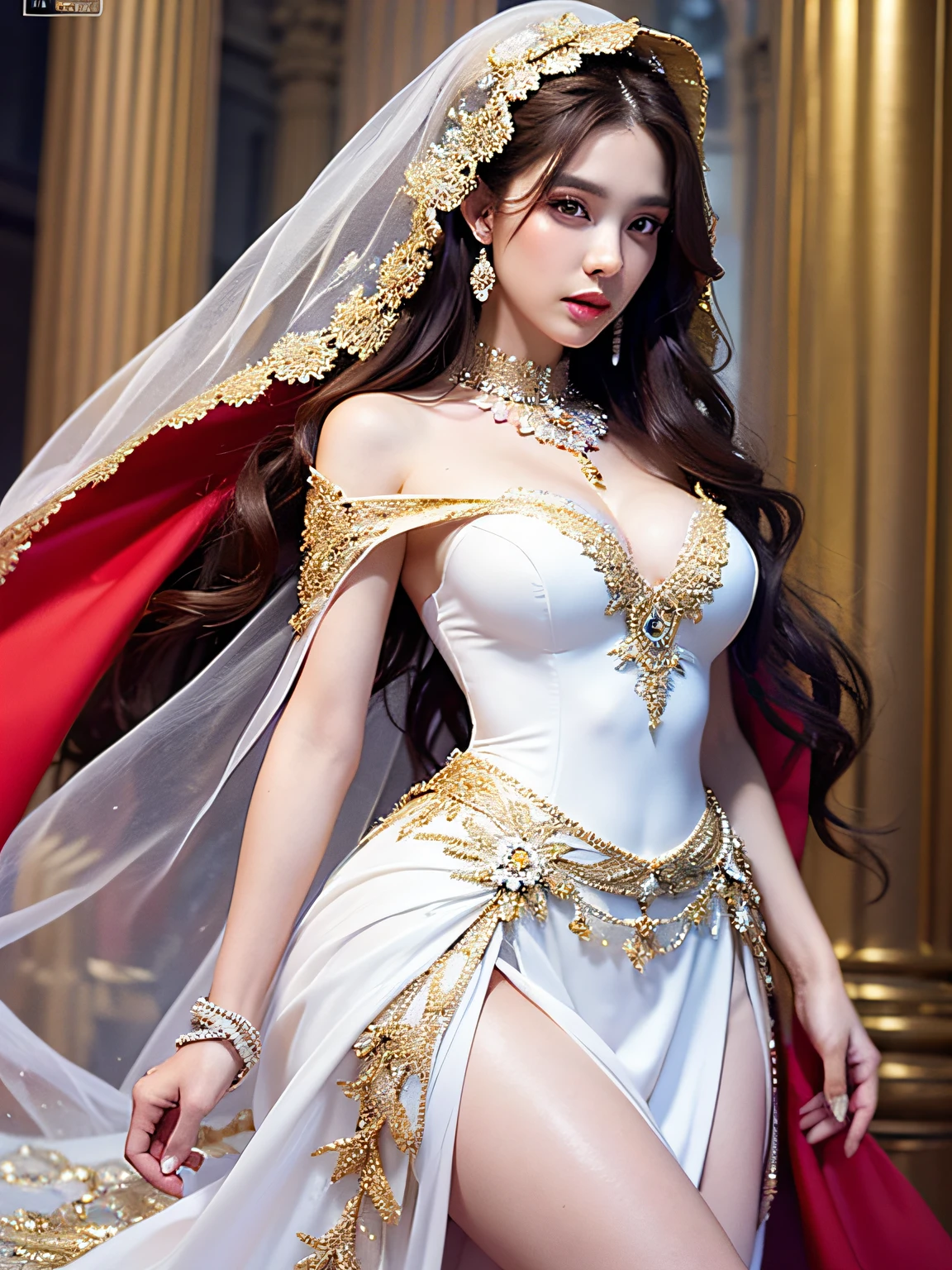 (((The hem of the dress is long and dragging back))), ((Full shot)), (Full body))), Top quality, Ultra high resolution, (Photorealistic: 1.4), Cinema Light, Depth of Field, Beautiful Face, (PureErosFace_V1: 0.8), |1 Girl, Fan Binging, Woman in a red dress and gold jewelry, (((The hem of the dress is very long)), Fanbin fashion, big, white cape, intricate design, cathedral background, extra long wavy brown hair, RAW, beautiful woman, (detailed face), (detailed facial features), (fine detailed skin), pale skin, (masterpiece), perfect proportions, realistic photo, ((full shot)), ((full body))), (body portrait), ((with bouquet)), ((wearing a veil)), the hem of the dress is long,