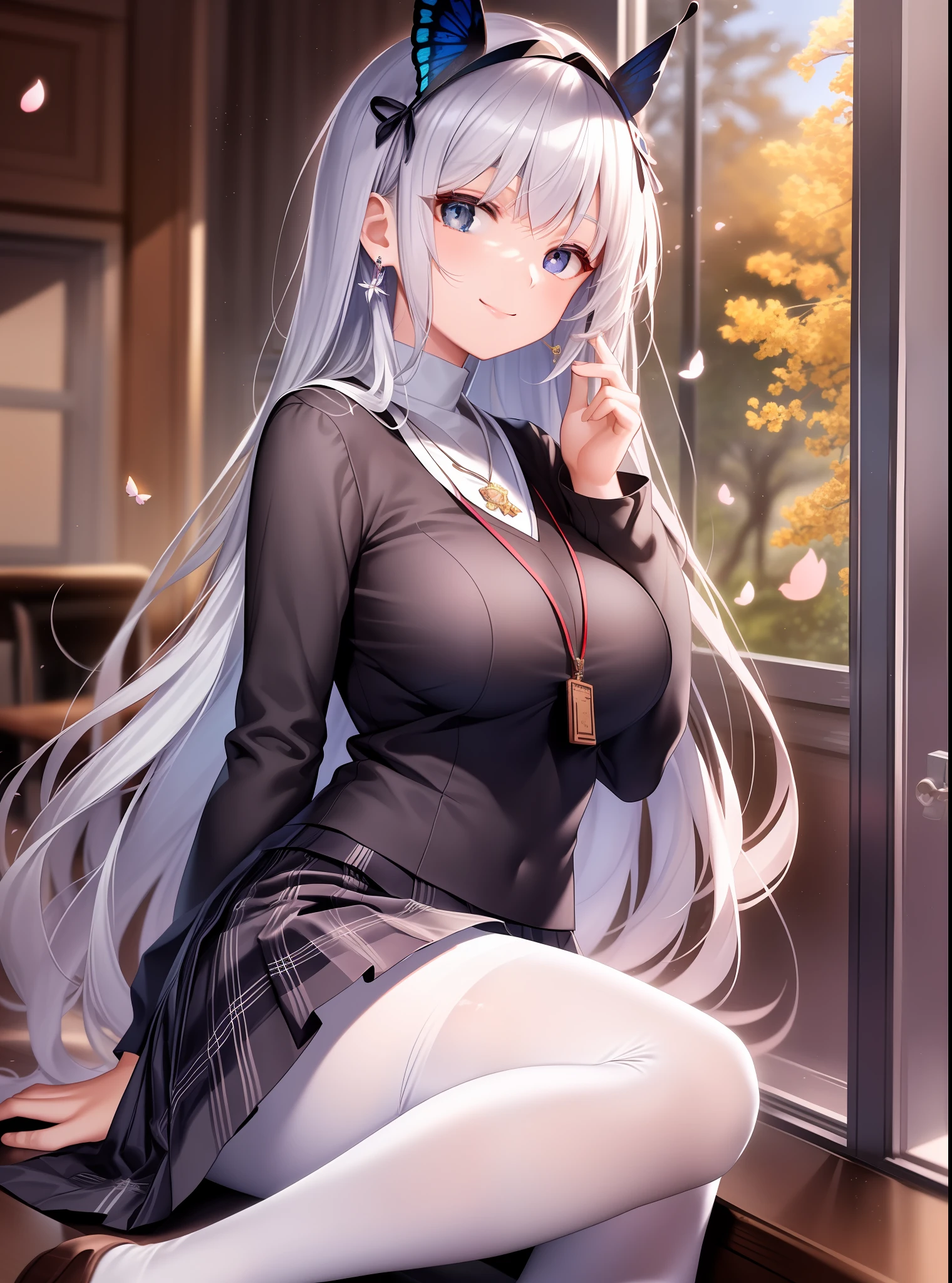 Extremely detailed face, an extremely delicate beautiful girl, extremely detailed eyes and face, high resolution, beautiful detailed eyes, real light source, warm colors, a girl, thigh focus, smile, look up, look at you, shy, very long hair, black hair, silver hair, bangs, big breasts (E, erlang legs, absolute field, school uniform, pleated skirt, mini skirt, white tights, leggings pantyhose, ribbons, necklaces, earrings, damaged over-the-knee socks, lace, clothing accessories/head accessories, headbands, Scattered cherry blossoms, detailed background, butterflies flying, classroom, hands on heads, indoors, tables in the sun