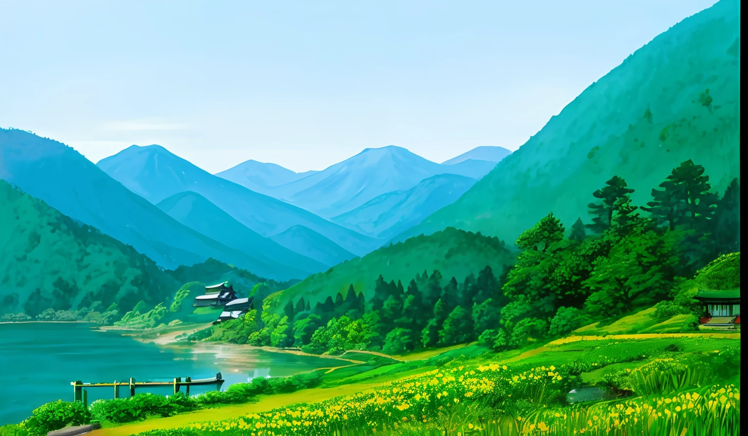 painting of a mountain lake with a bridge and a boat, japan mountains, countryside in japan, japan nature, japanese countryside, very beautiful scenery, aomori japan, rural japan, mountainous area, lovely valley, very very beautiful scenery, lake kawaguchi, very very very beautiful scenery, beautiful scenery, landscape scenery, majestic nature scenery, mountainous setting