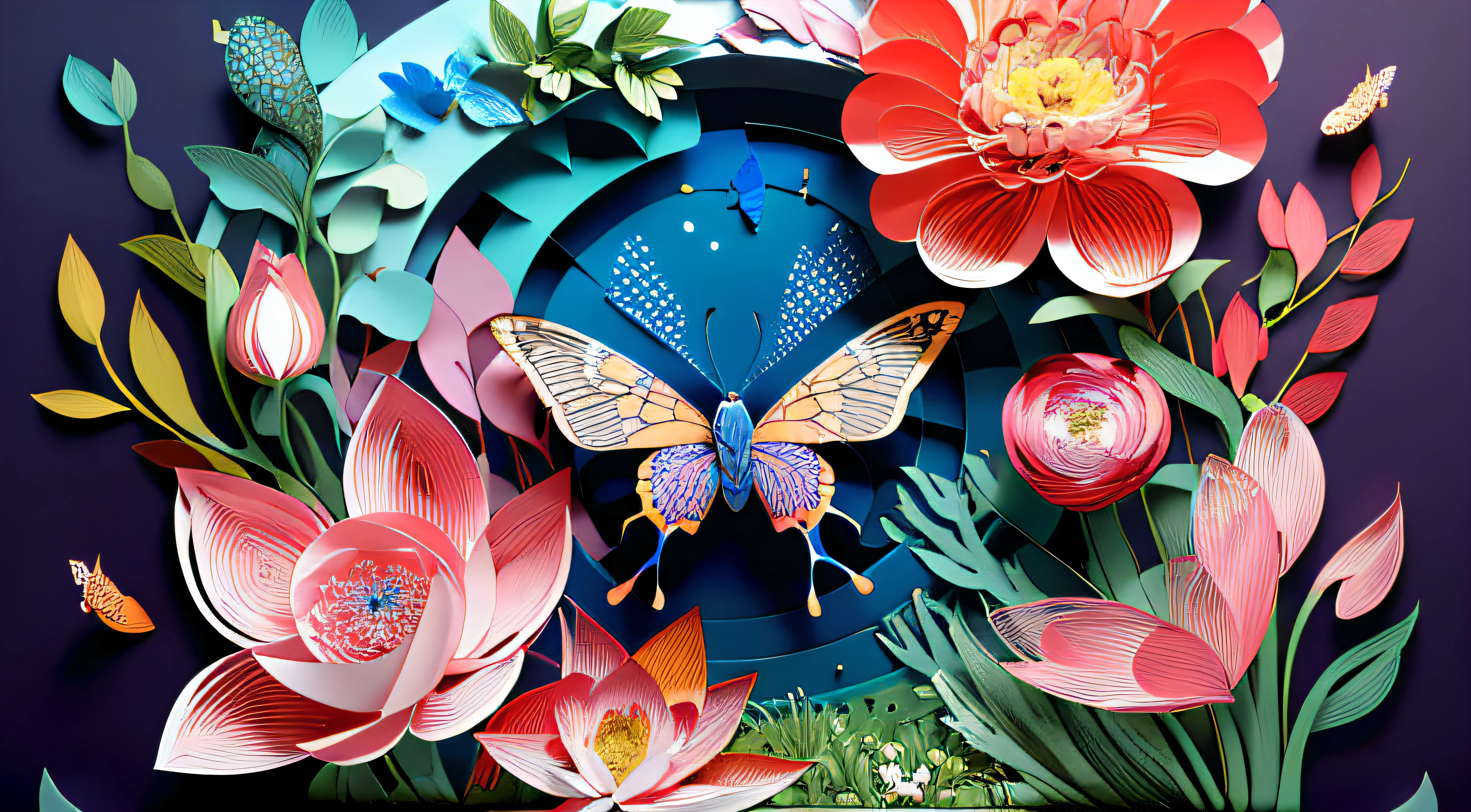 realistic, (best quality, masterpiece:1.3),illustration,big butterfly in the center , floating in dalias, cloudy sky, paper_cut, pattern, pink colors background