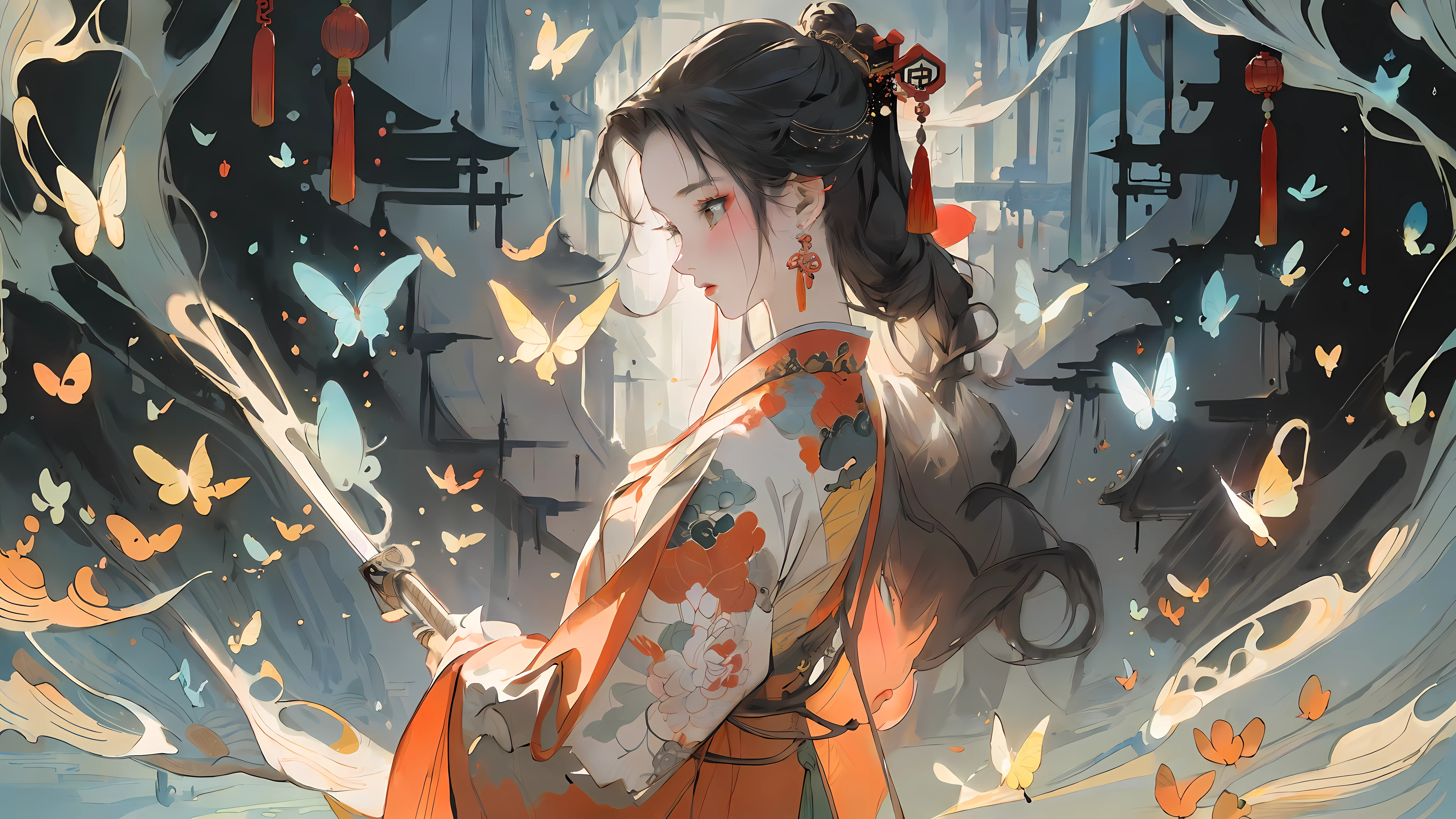 (best quality), a girl, butterfly, flying, upper body, oriental detailed background, clouds, scenery, pond, village, mountains and rivers, chinese style, clouds, chinese style texture, elegant, painted, ((chinese color ink)), (chinese color ink painting style))), (masterpiece))), (best quality))), ((super detailed, very precise detail)) , (gone with the strings), (illustrations), (stunning), (absurd), (( sharp focus)), ((very fine)), ((high saturation)), (color ink splash around), ((colorful), light color, reach out,