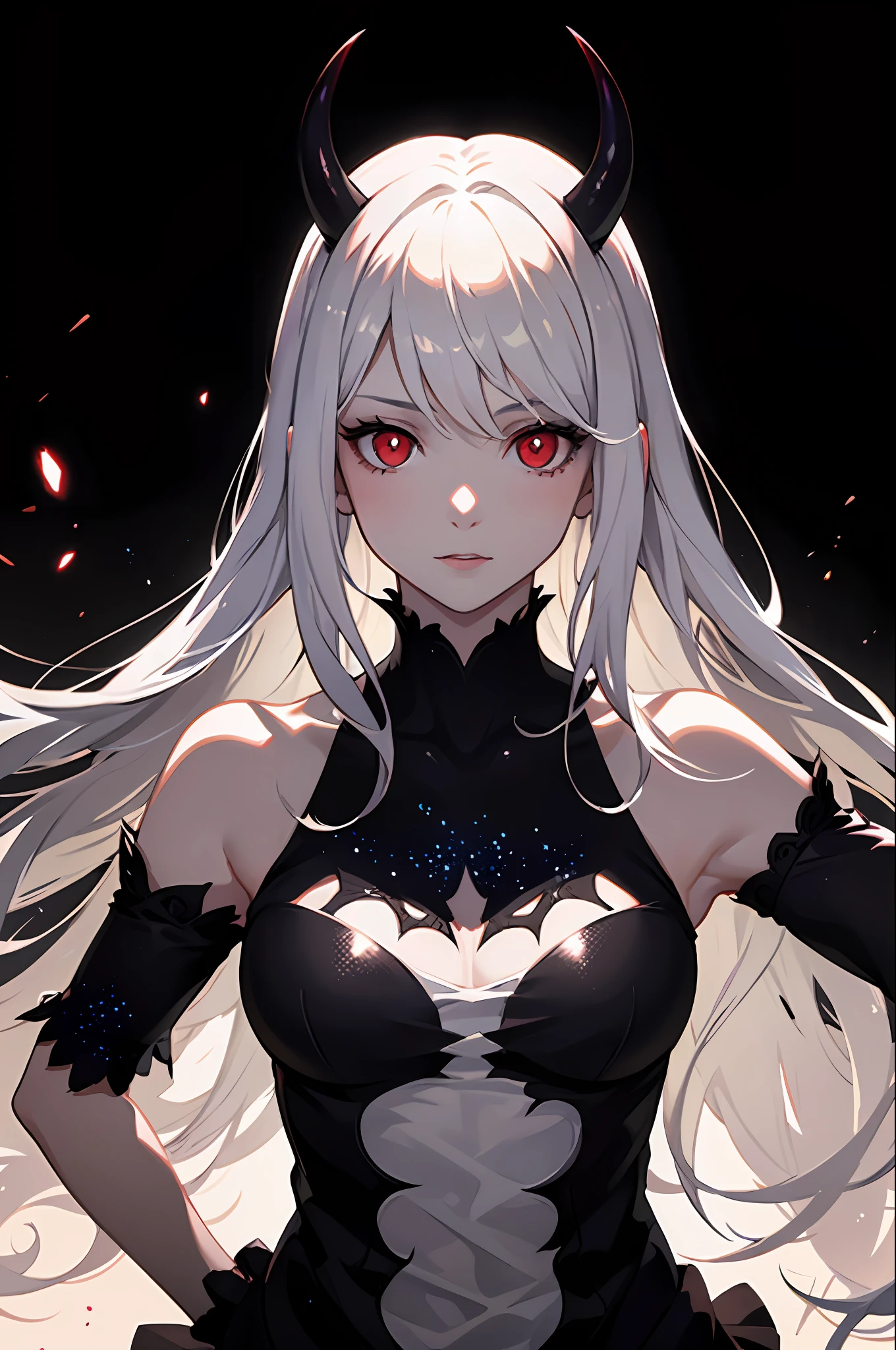 realistic, 1girl, white hair, horns, red eyes, glowing, bare shoulders, glowing eyes, magic circle, light particles, light rays, wallpaper, demon, pale skin
