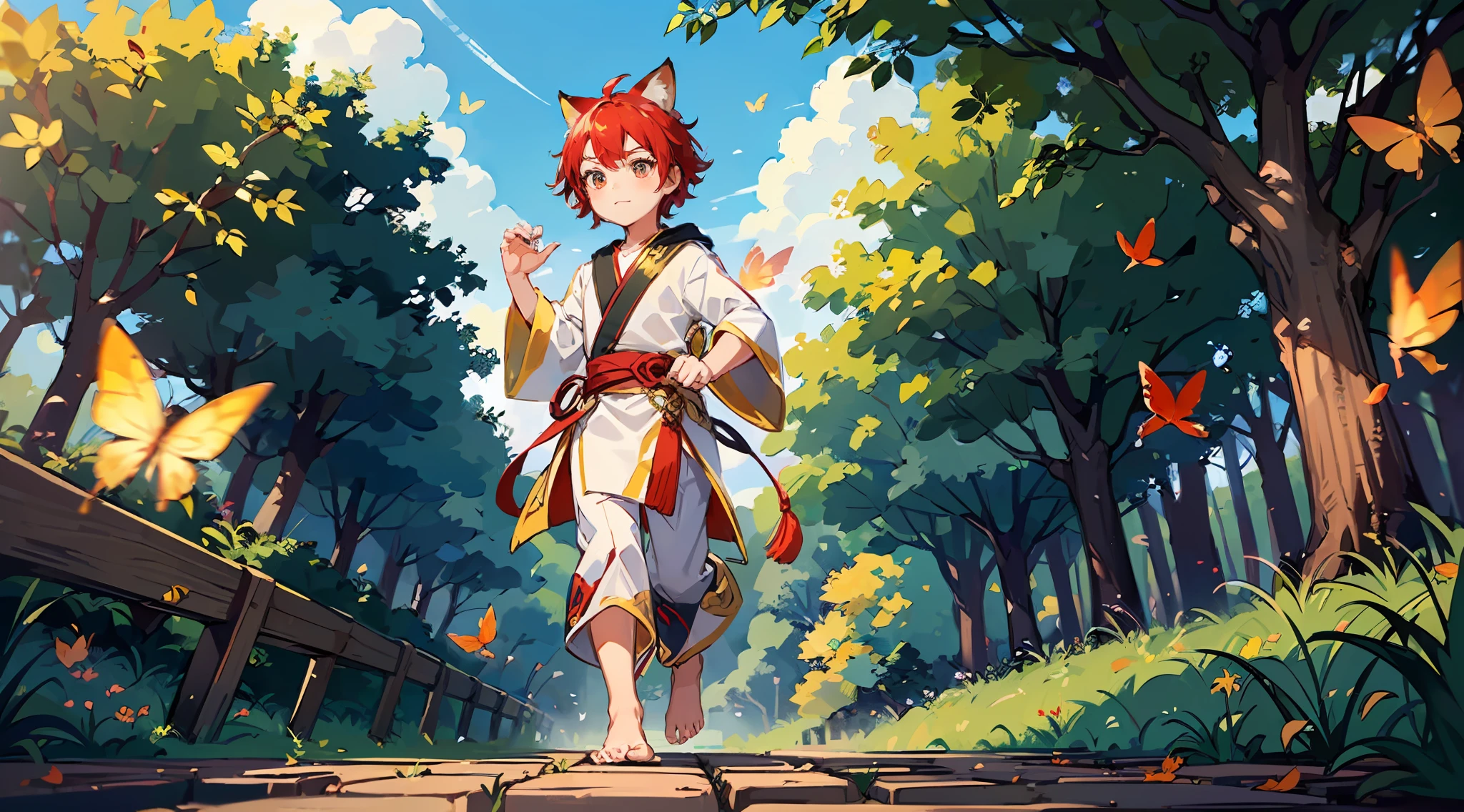 ( with short red hair with golden eyes), (dressed in a golden and red fairy robe), (red fox ear tail), (handsome), (barefoot), (maple forest), (chasing butterflies)
