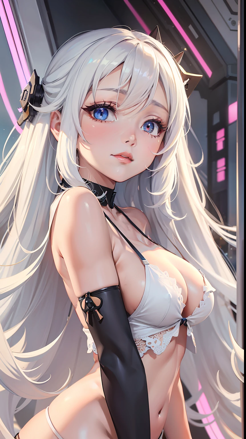 china dress, masterpiece,best quality,ultra-detailed,very detailed illustrations,extremely detailed,intricate details,highres,super complex details,extremely detailed 8k cg wallpaper,cowboy shot, caustics,reflection,ray tracing,demontheme,nebula,dark aura,cyber effect, (1girl:1.4),solo,alone,mecha musume,mechanical parts, robot joints,single mechanical arm, headgear, mechanical halo,star halo,intricate mechanical bodysuit, mecha corset, kimono, full armor, very long hair,white hair, hair between eyes, multicolored hair, colored inner hair, red eyes,glowing eye,eye trail, random expressions,random action, ancient japanese architecture,pond, starry sky,skyline,