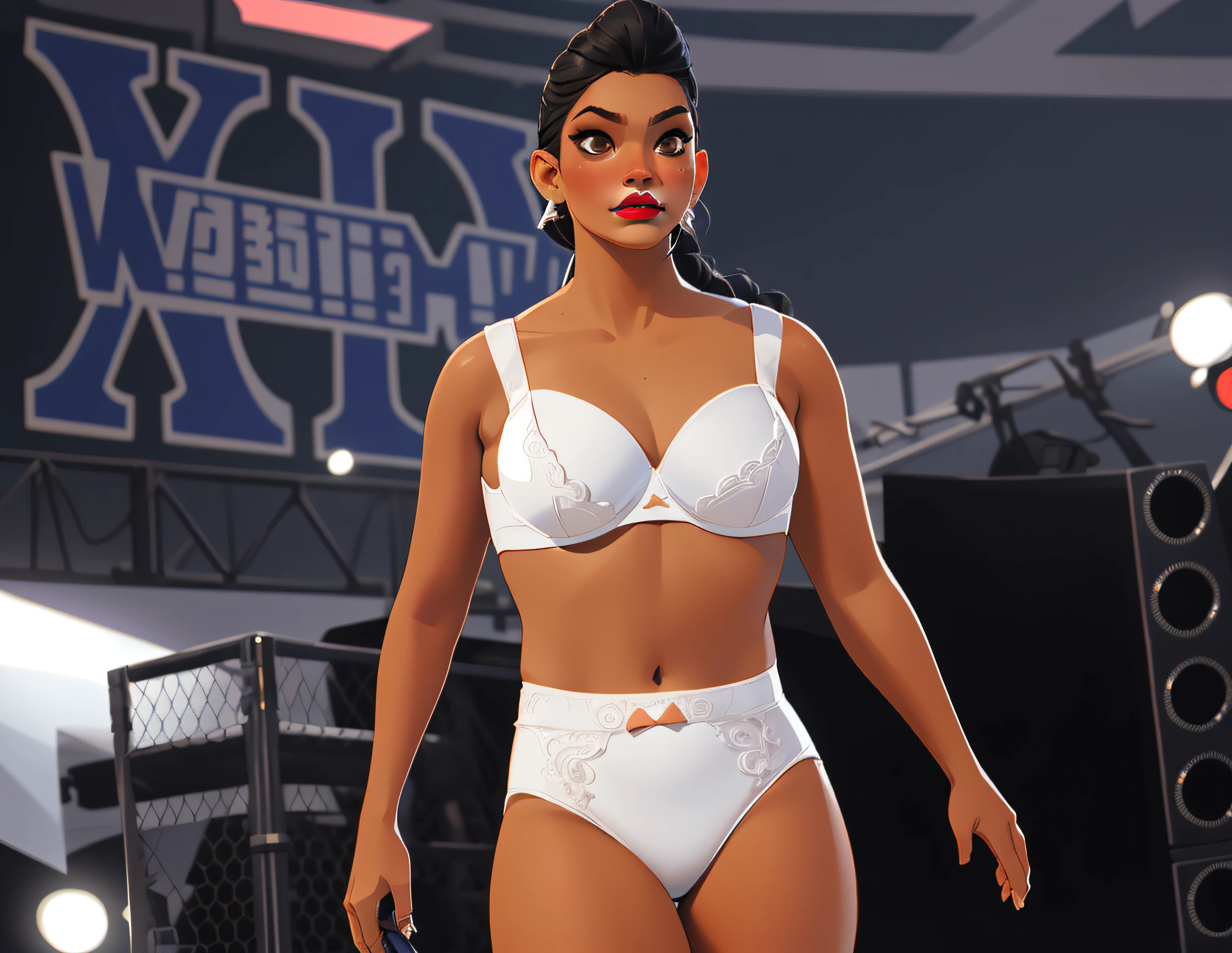 Curvy Black female wrestler, in fancy white bra, fancy white cotton panties, wearing makeup and lipstick, on fashion stage, comic book art style, intricate details