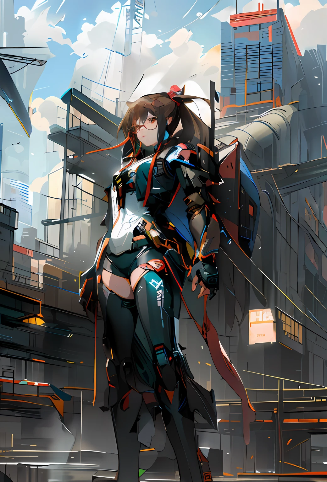 anime - style illustration of a woman with a glasses in a futuristic city, cyberpunk anime girl mech, digital cyberpunk anime art, girl in mecha cyber armor, anime cyberpunk art, mechanized valkyrie girl, cyberpunk anime girl, female cyberpunk anime girl, cyberpunk anime art, female mecha, inspired by Krenz Cushart, digital cyberpunk - anime art