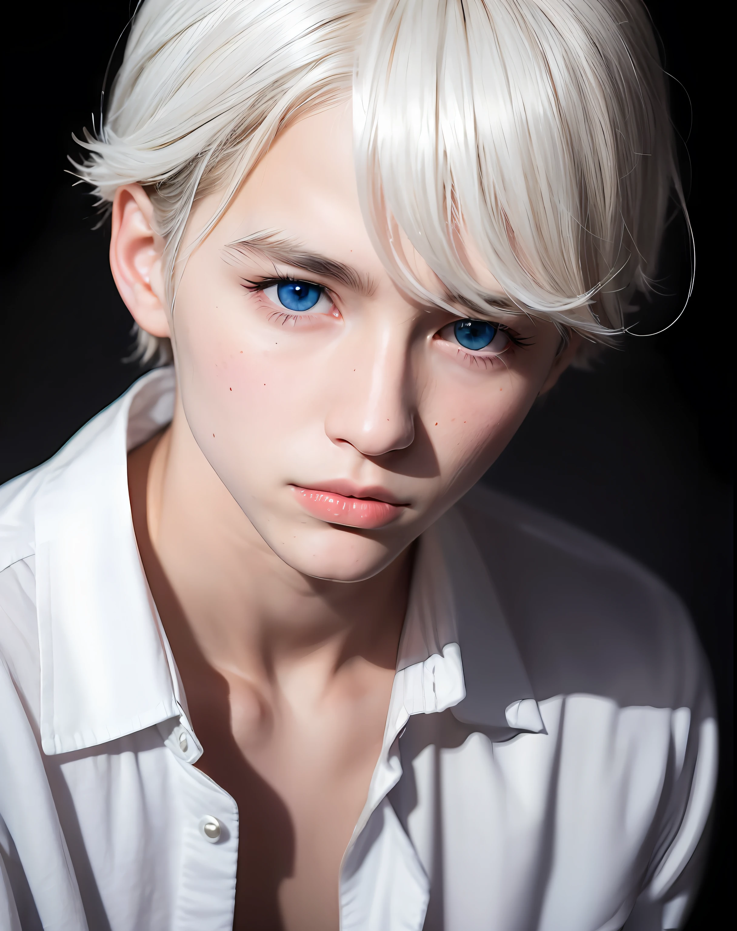 1boy, blue eyes,white hair, best quality, photo, 4k,looking at viewer,upper body,