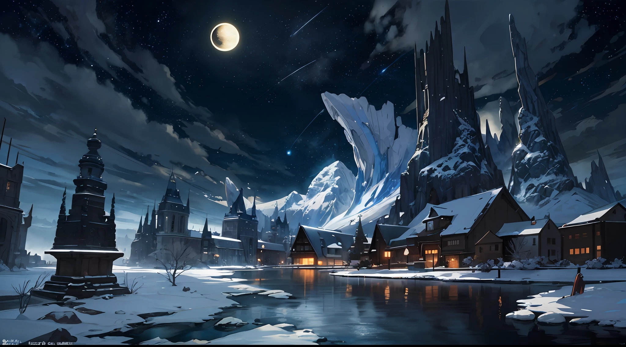 A painting of a river with stars and moon in the sky, concept art inspired by Tosa Mitsuoki, pixiv contest winner, best quality, fantasy art, beautiful anime scene, a bright moon, moonlit starry environment, dream painting, Anime Background Art, Fantasy Landscape Art, Fantasy Night, Anime Background, Background Artwork, Fantastic Art, Atmospheric Anime, Starry Sky, Detail Enhanced.