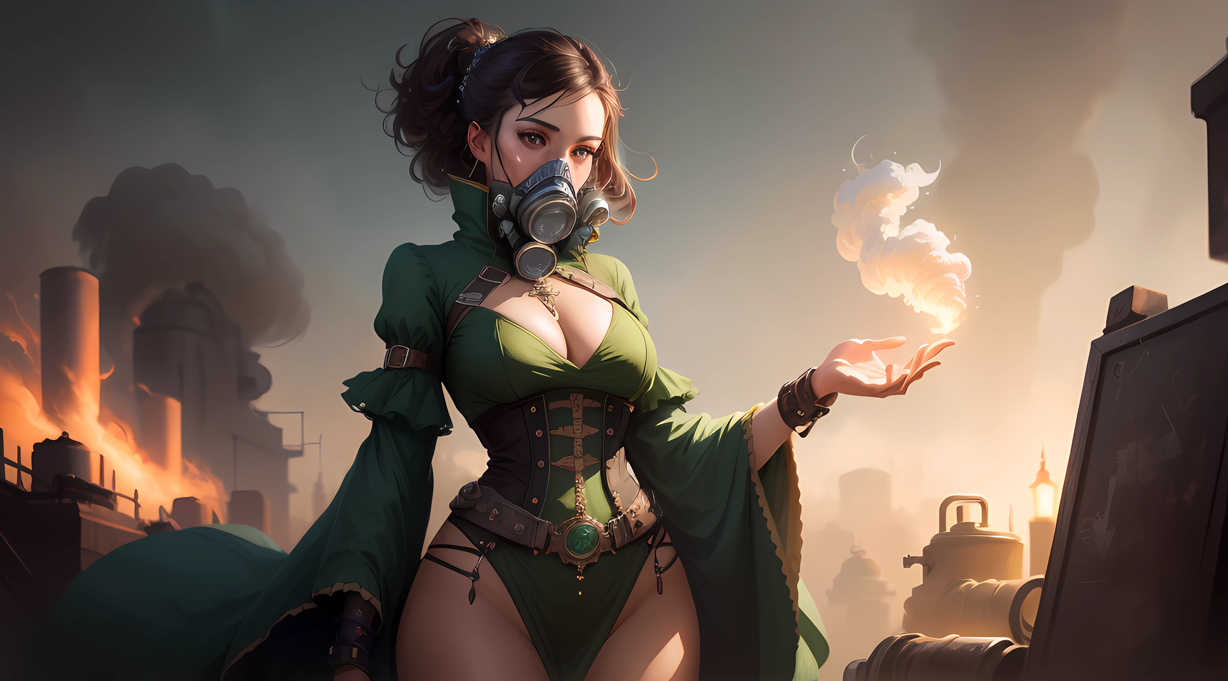 There is a woman in a green dress holding a white tornado, gas mask, Wojtek Fus, Artgerm and Wlop, Wlop and Artgerm, Steampunk fantasy style, Artgerm Julie Bell Beeple, stunning character art, Steampunk concept art, Behance fantasy art, Wlop art, Best of Artstation, Best ArtStation fanart