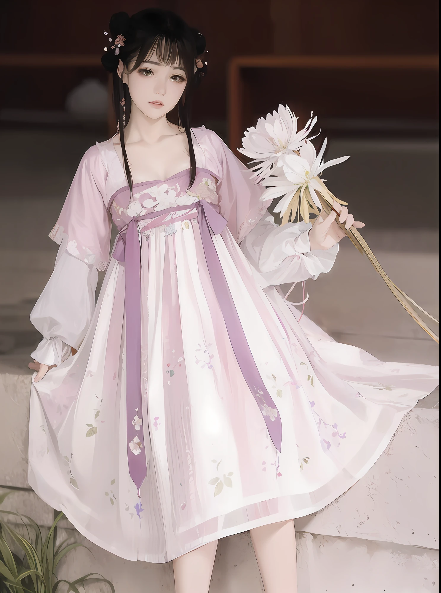 a close up of a woman in a dress holding a flower, hanfu, white hanfu, palace ， a girl in hanfu, wearing ancient chinese clothes, traditional chinese clothing, wearing pink floral chiton, with acient chinese clothes, ancient chinese princess, chinese dress, imperial royal elegant clothing, chinese costume, flowing magical robe, full body xianxia