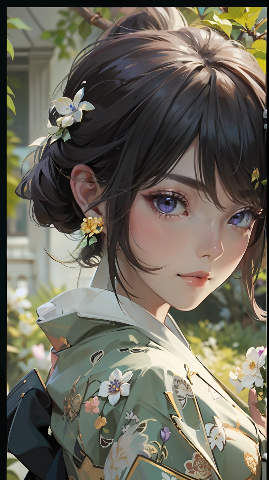 art by Cornflower, dreamy, (1girl, bangs, purple_flower, orange_ribbon, yellow_rose, brooch, closed_mouth, flower, gem, hydrangea, jewelry, leaf, short_hair, looking_at_viewer, plant, dawn, smile, solo, upper_body), small soft smooth hands, thin and long fingers