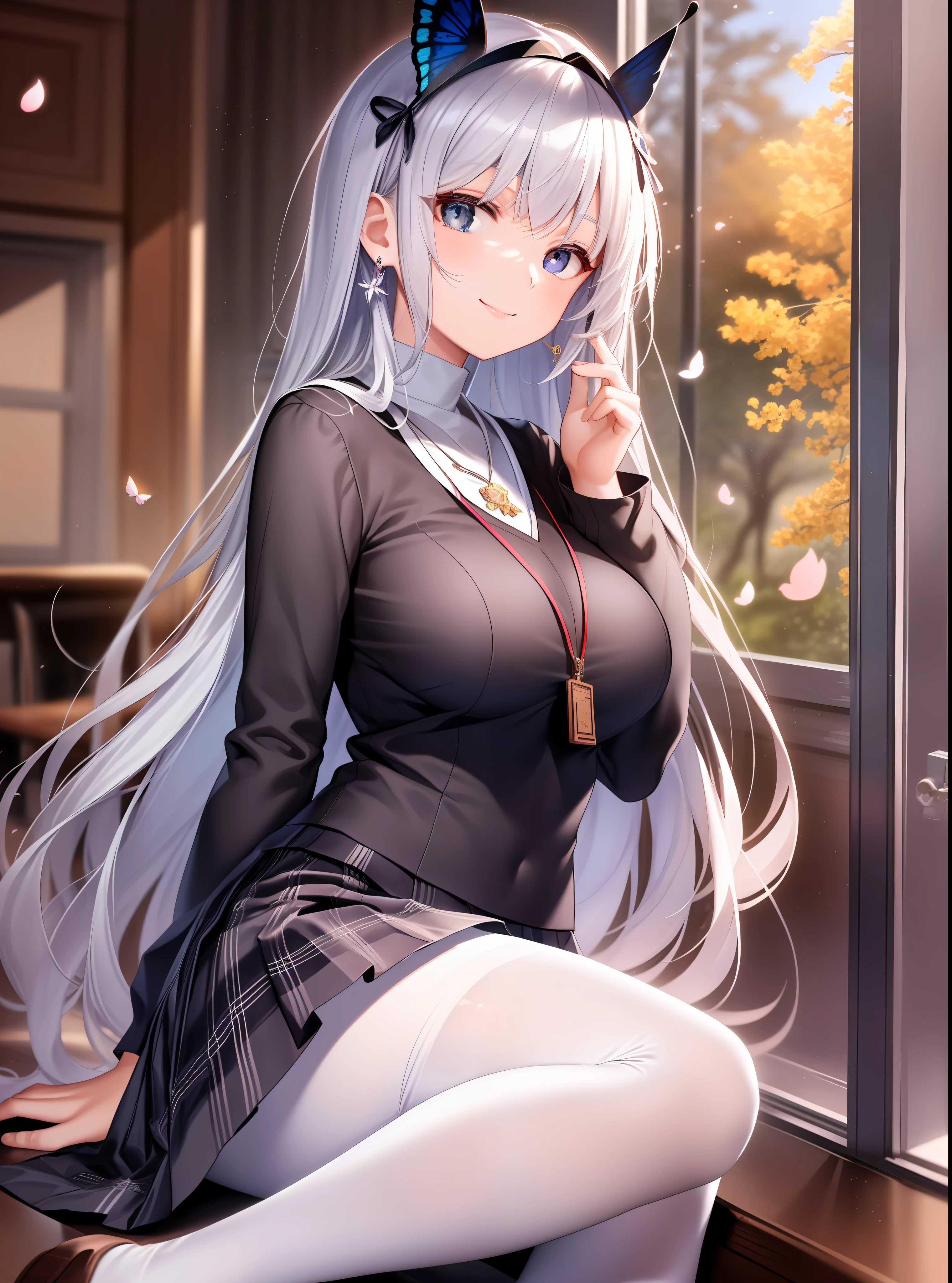 Extremely detailed face, an extremely delicate beautiful girl, extremely detailed eyes and face, high resolution, beautiful detailed eyes, real light source, warm colors, a girl, thigh focus, smile, look up, look at you, shy, very long hair, black hair, silver hair, bangs, big breasts (E, erlang legs, absolute field, school uniform, pleated skirt, mini skirt, white tights, leggings pantyhose, ribbons, necklaces, earrings, damaged over-the-knee socks, lace, clothing accessories/head accessories, headbands, Scattered cherry blossoms, detailed background, butterflies flying, classroom, hands on heads, indoors, tables in the sun