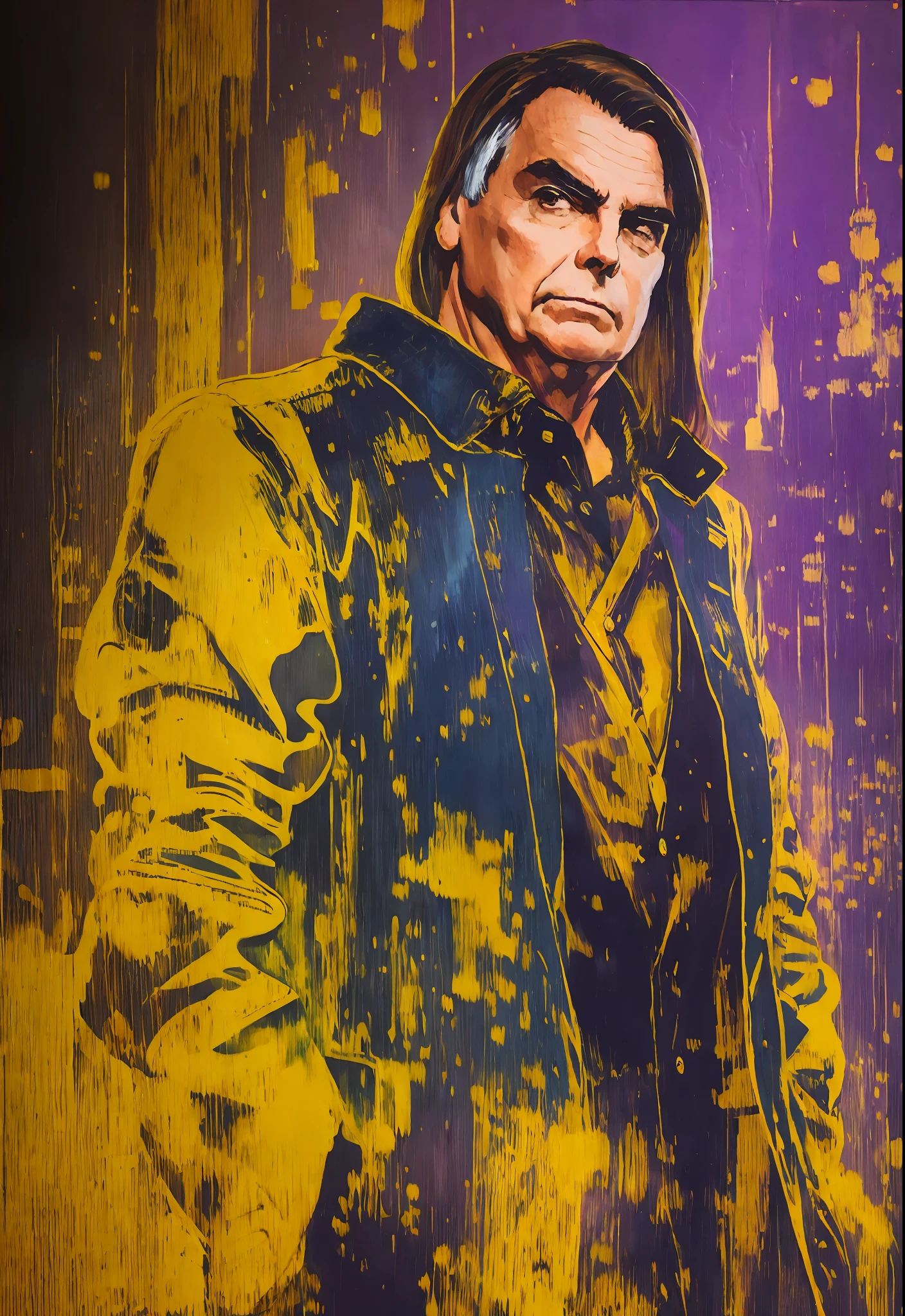 a painting of a Jair bolsonaro, background, cyberpunk style 2077, gold band on purple jacket