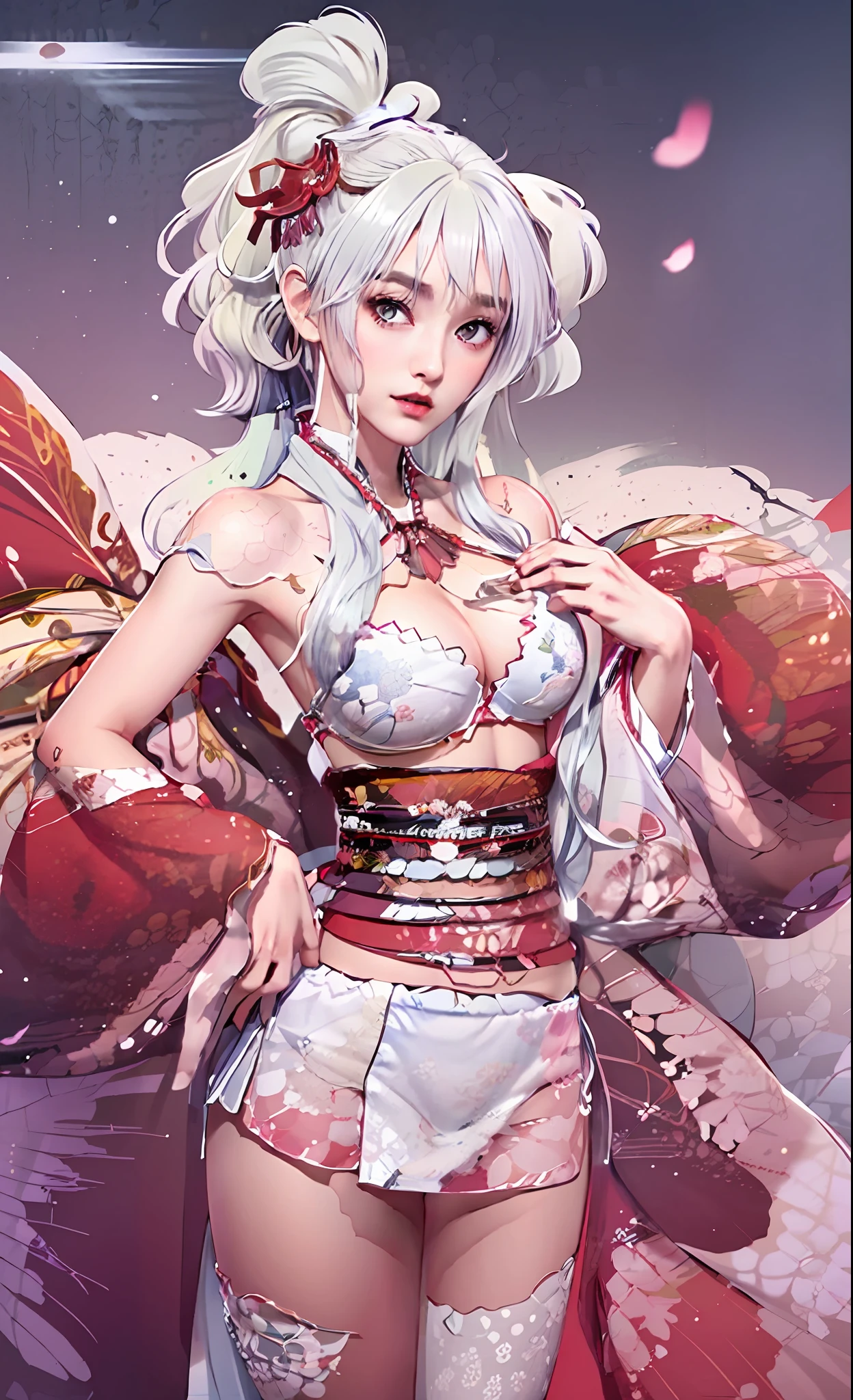 (Realistic, 8K, masterpiece, female, long ponytail and waist, light blue on one side and dark gray heterochromic pupils on the other, slender thick eyebrows, thin summer breasts for women without marks, tuned abs exposed from bikini, white panties with white lace, smooth thighs, catwalk), (blonde:0.8),