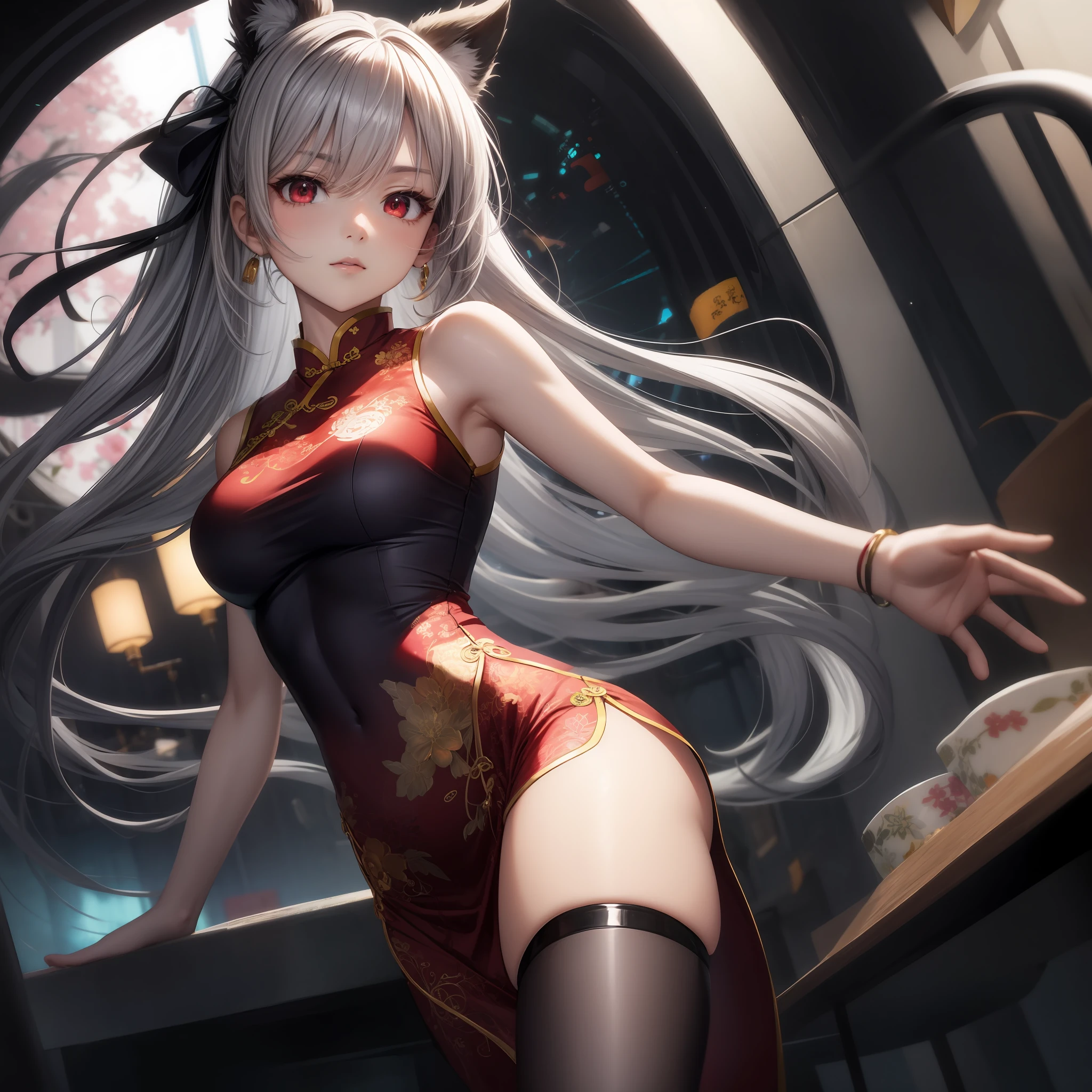 anime, girl single, gray hair, red eye, cheongsam, china, solo