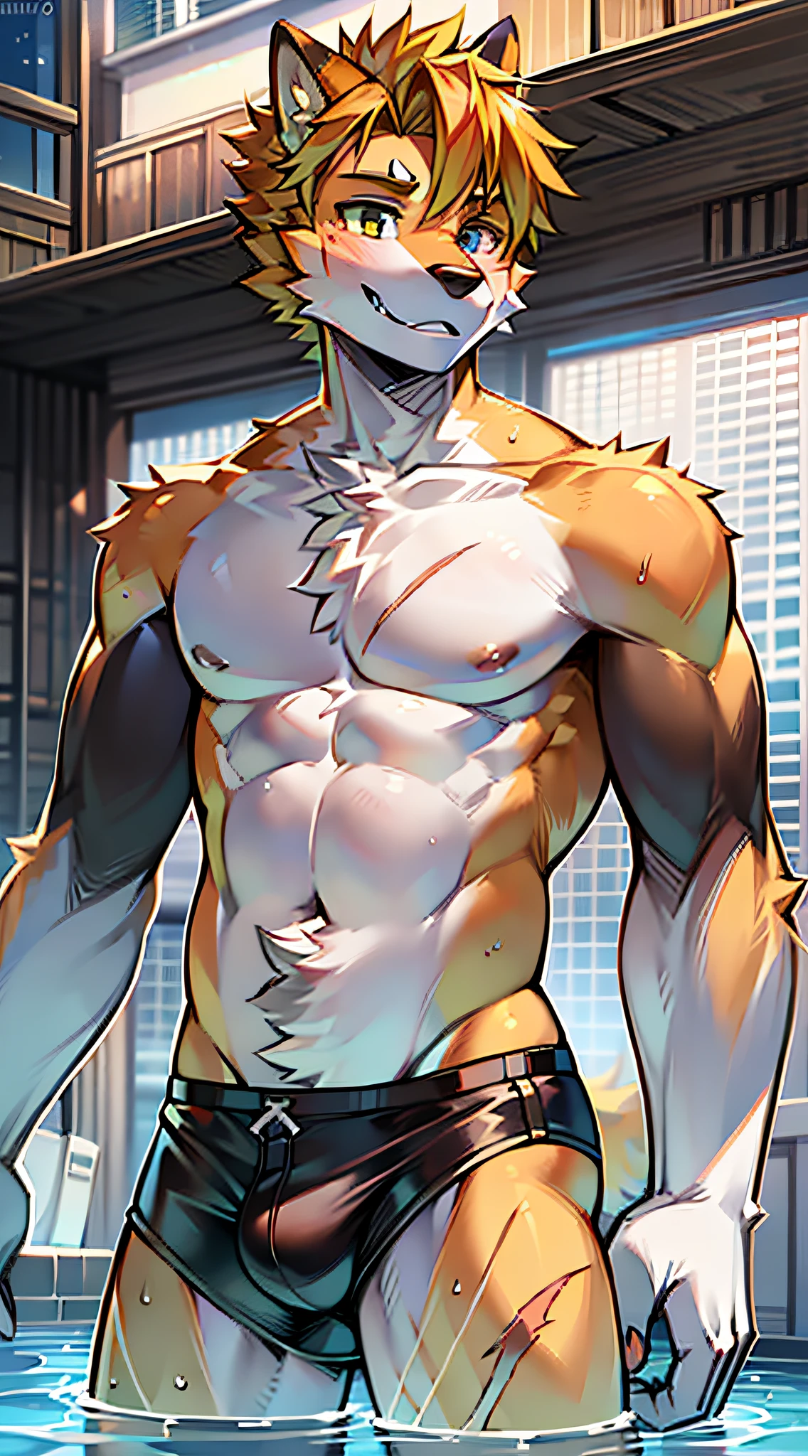 The male Furry, about 20 years old, is a thin man, orange hair, black snout, bright yellow hair, cross scar under his left eye, and white swimming briefs with bulging bags, standing in the pool.