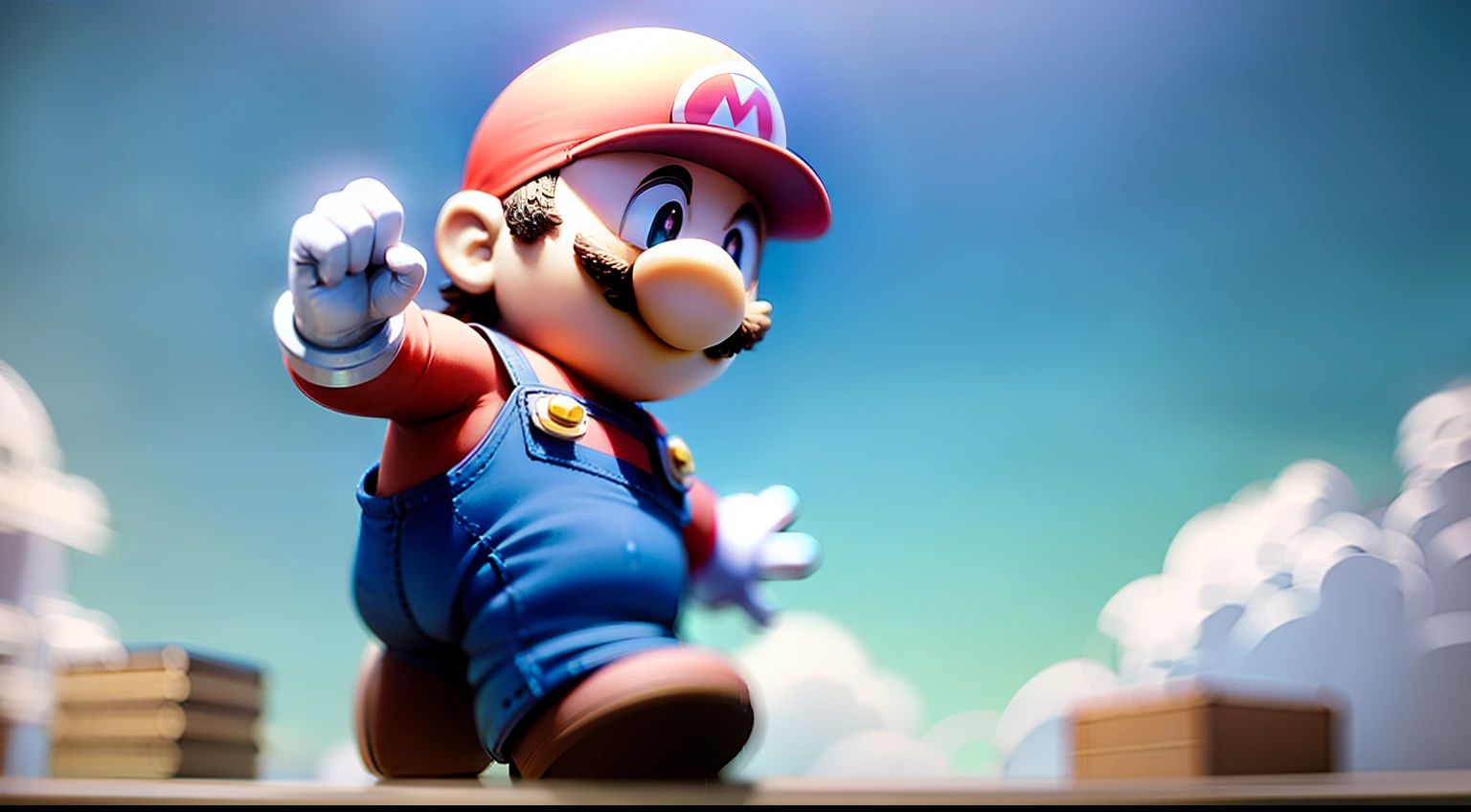 Fashion toys, clay materials, jumping super mario, mario beard covering mouth, raised fist, blue sky and white clouds. Clean light background, simple, bright scene, Pixar style. Disney style, oC rendering, C4D rendering. Ultra HD, 8K