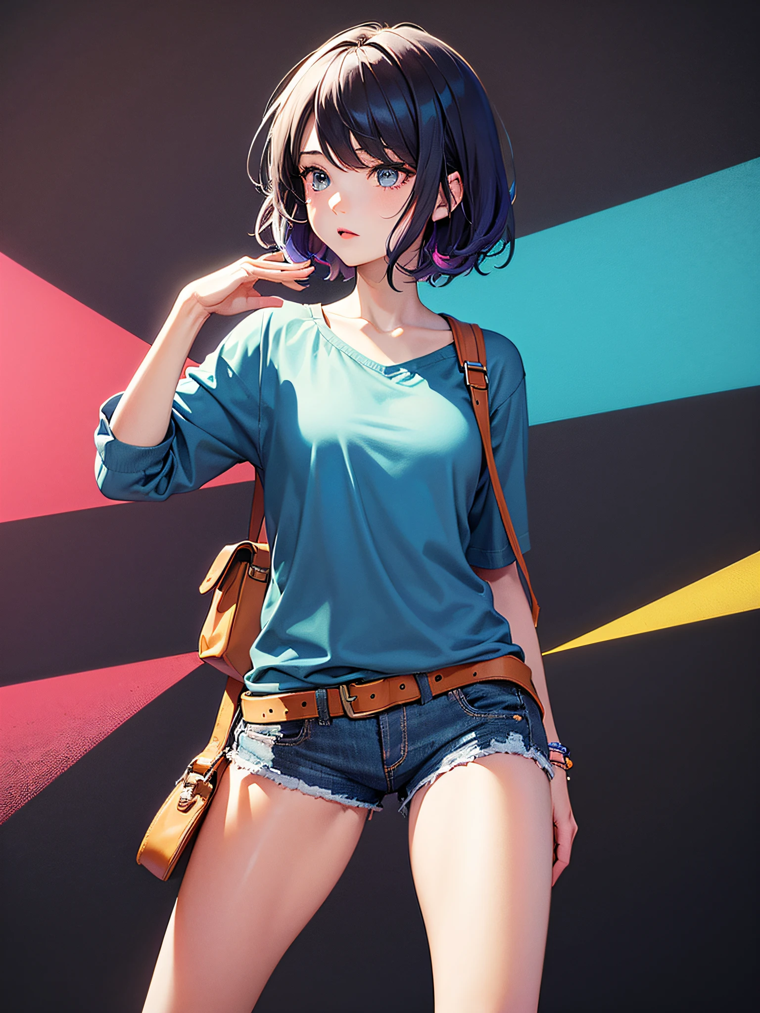 "Summer vibes: Ink color background，A Quiet girl with short hair, rocking a Casual outfit consisting of a cool short-sleeved top and denim shorts. The artwork should have an artistic ink painting style, capturing her cool expression and complementing her colorful hair."